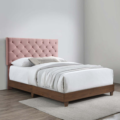 Rhiannon Diamond Tufted Upholstered Performance Velvet Queen Bed, Velvet, Wood, Brown Walnut Pink, 21323