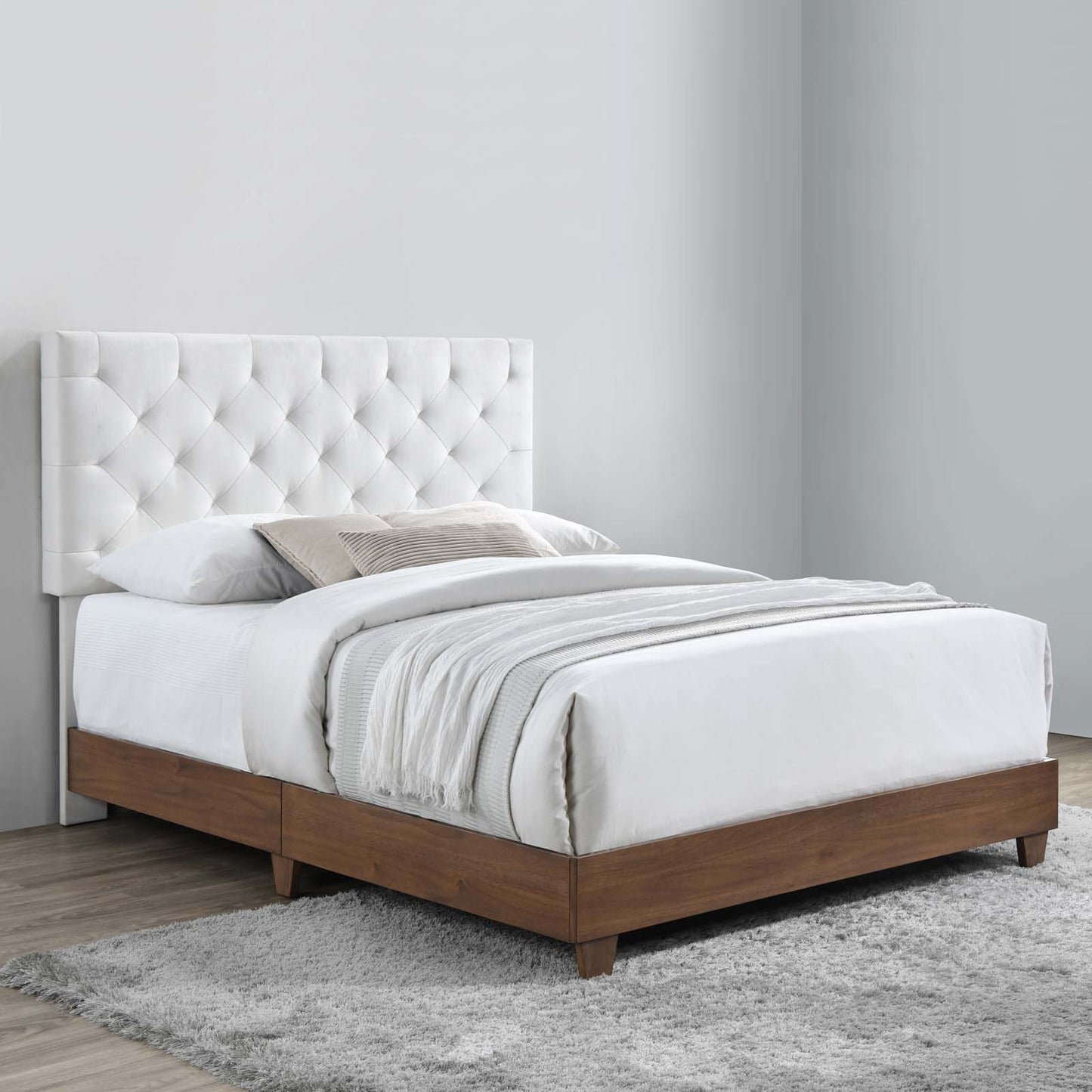 Rhiannon Diamond Tufted Upholstered Performance Velvet Queen Bed, Velvet, Wood, Brown Walnut White, 21324