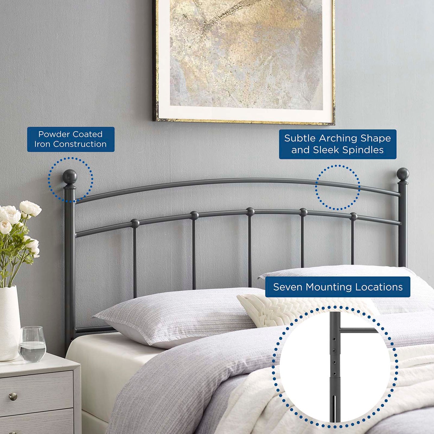 Abigail Queen Metal Headboard, Metal, Grey Gray, 21367