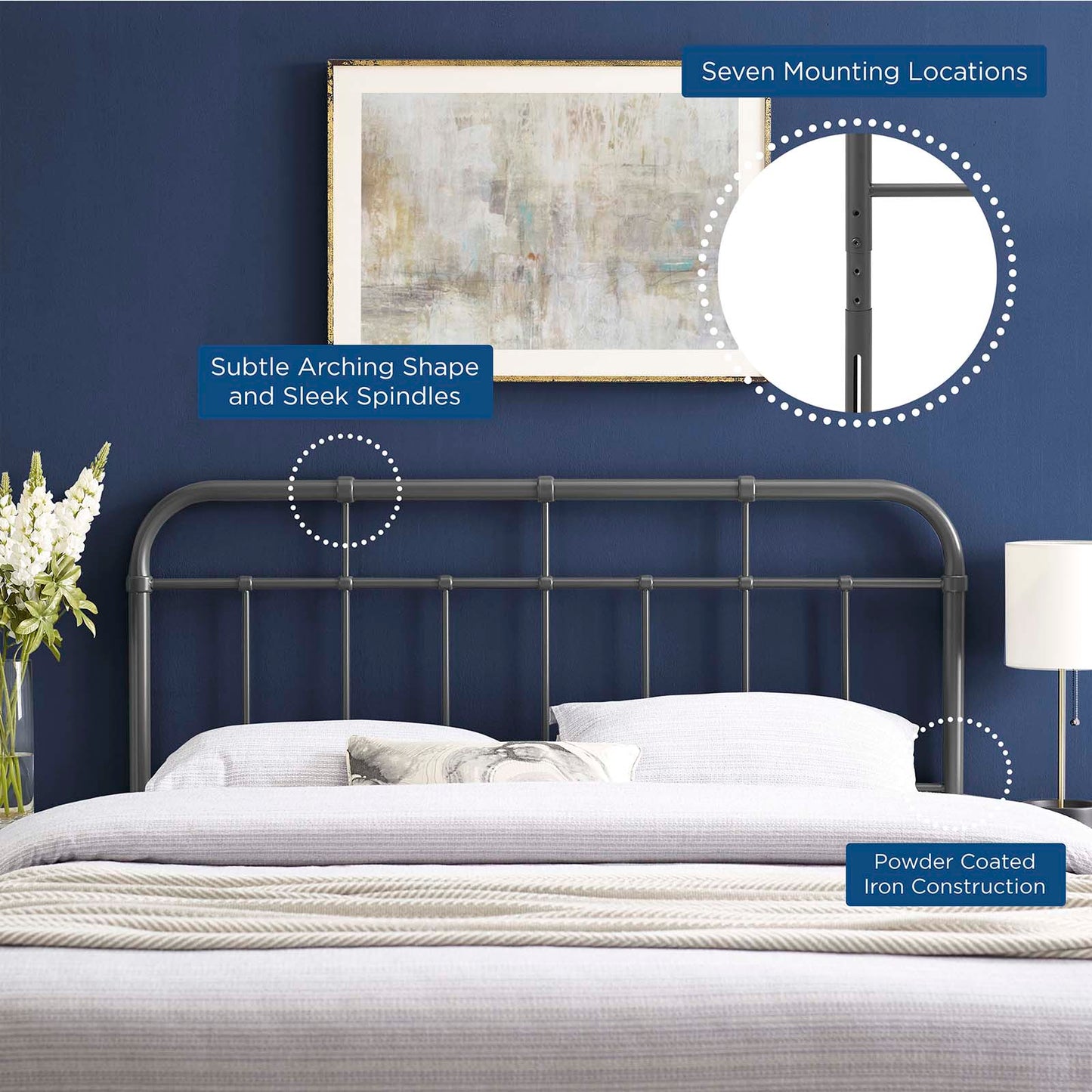 Alessia Twin Metal Headboard, Metal, Grey Gray, 21375