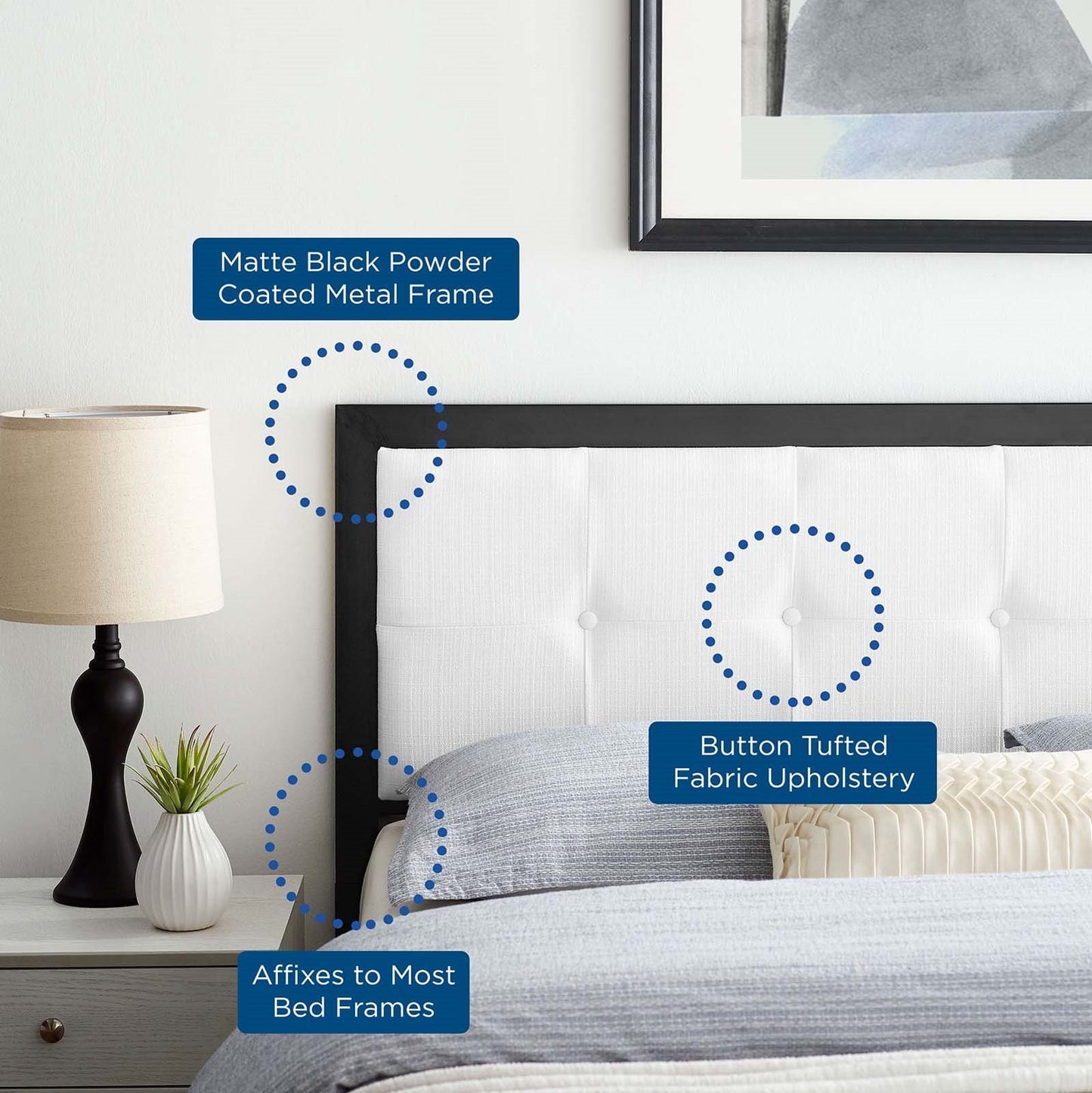 Teagan Tufted Full Headboard, Fabric, Metal Steel, Black White, 21429