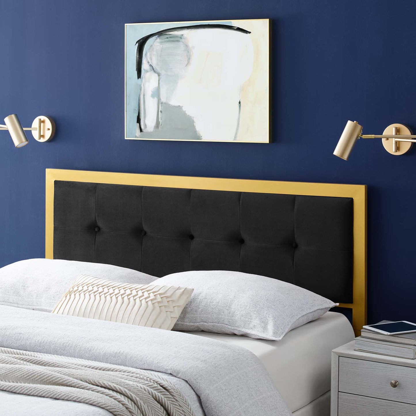 Teagan Tufted Full Performance Velvet Headboard, Velvet, Metal Steel, Gold Black, 21430