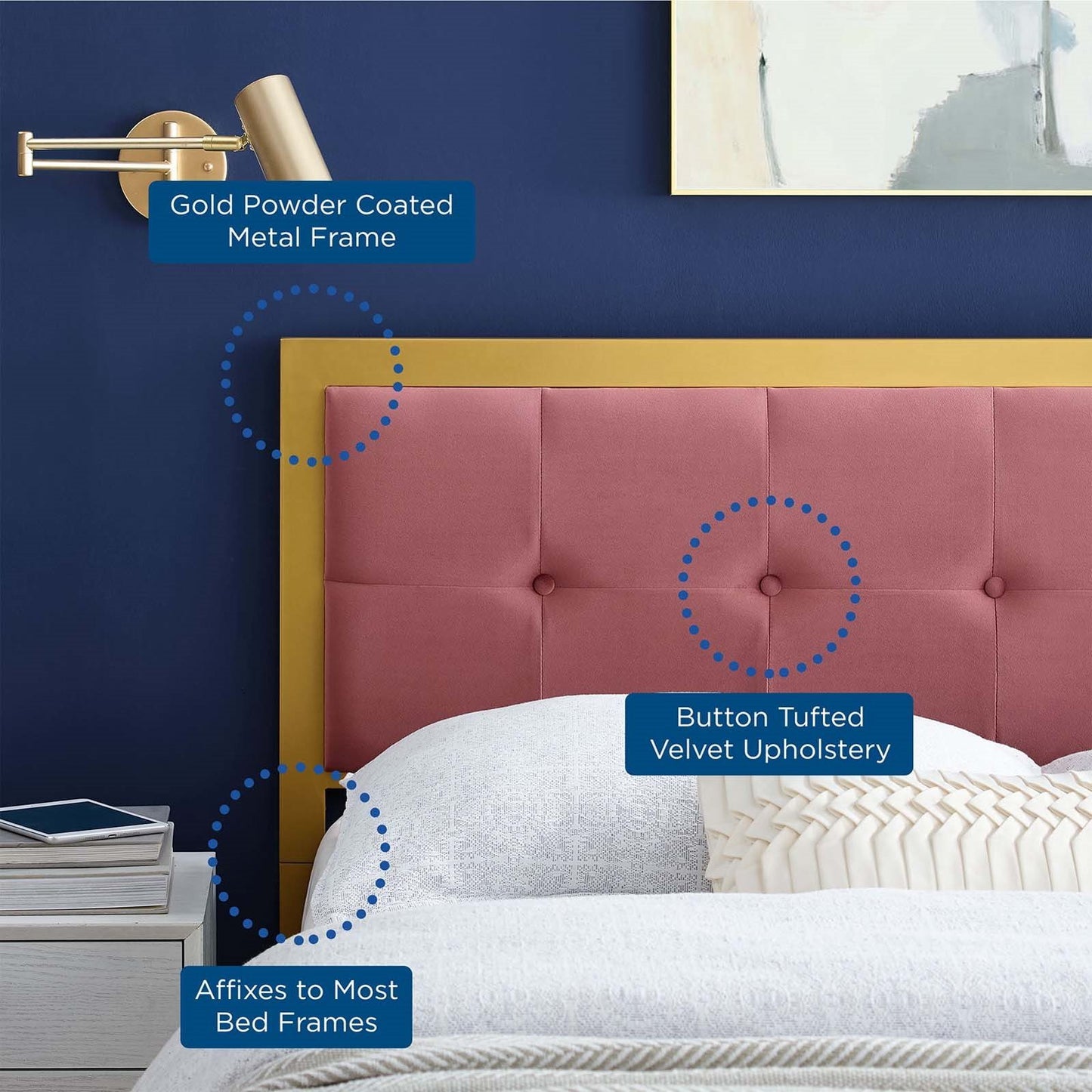 Teagan Tufted Queen Performance Velvet Headboard, Velvet, Metal Steel, Gold Pink, 21437