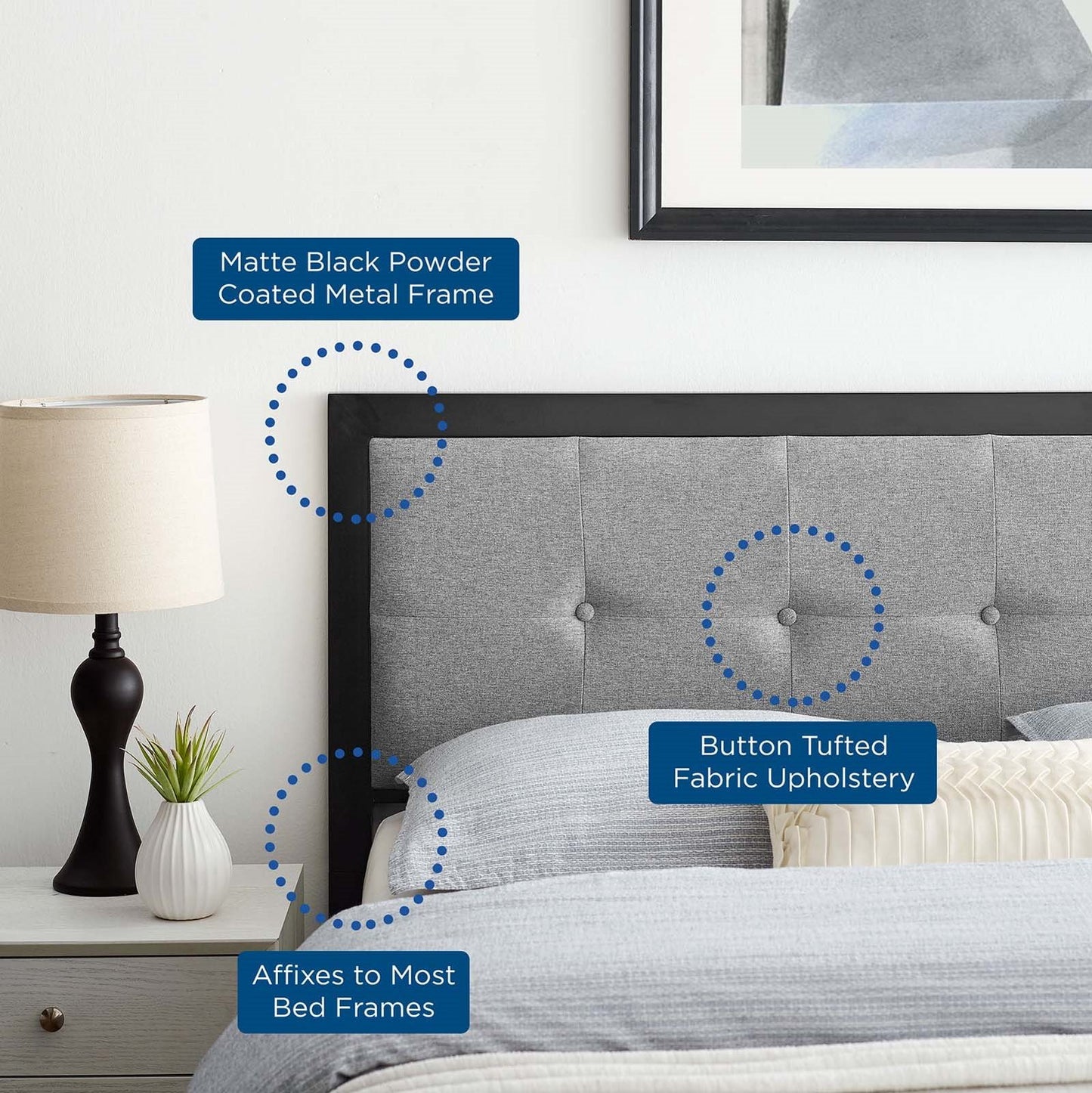 Teagan Tufted King Headboard, Fabric, Metal Steel, Black Grey Gray, 21440
