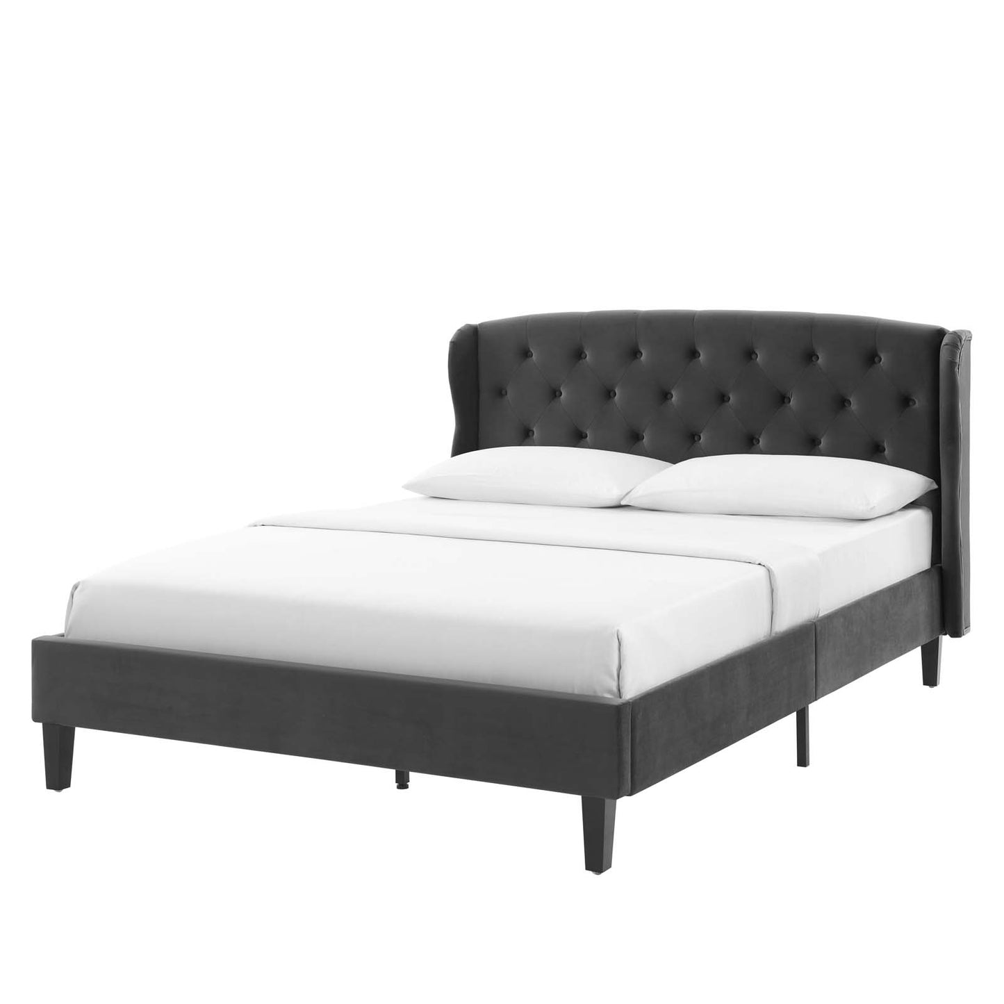 Penelope Tufted Wingback Queen Performance Velvet Platform Bed, Velvet, Dark Grey Gray, 21445