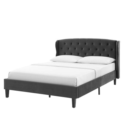 Penelope Tufted Wingback Queen Performance Velvet Platform Bed, Velvet, Dark Grey Gray, 21445