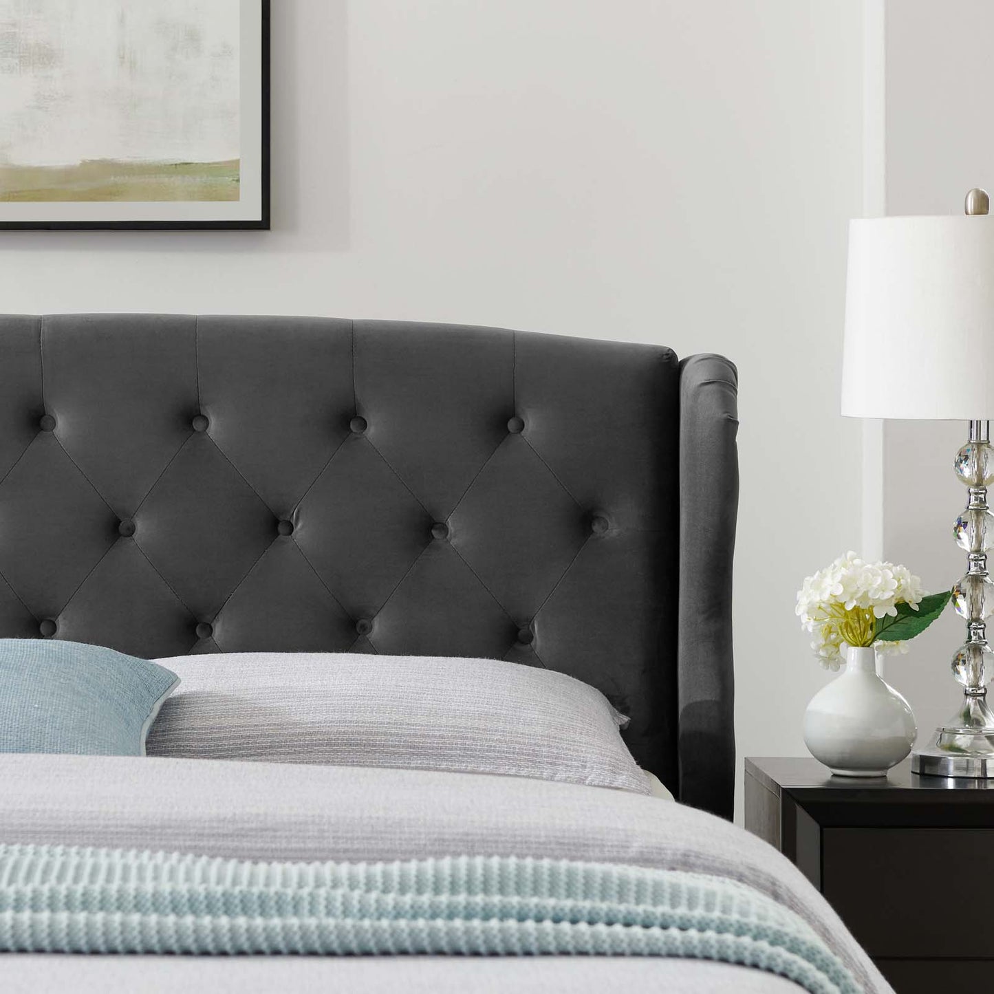 Penelope Tufted Wingback Queen Performance Velvet Platform Bed, Velvet, Dark Grey Gray, 21445