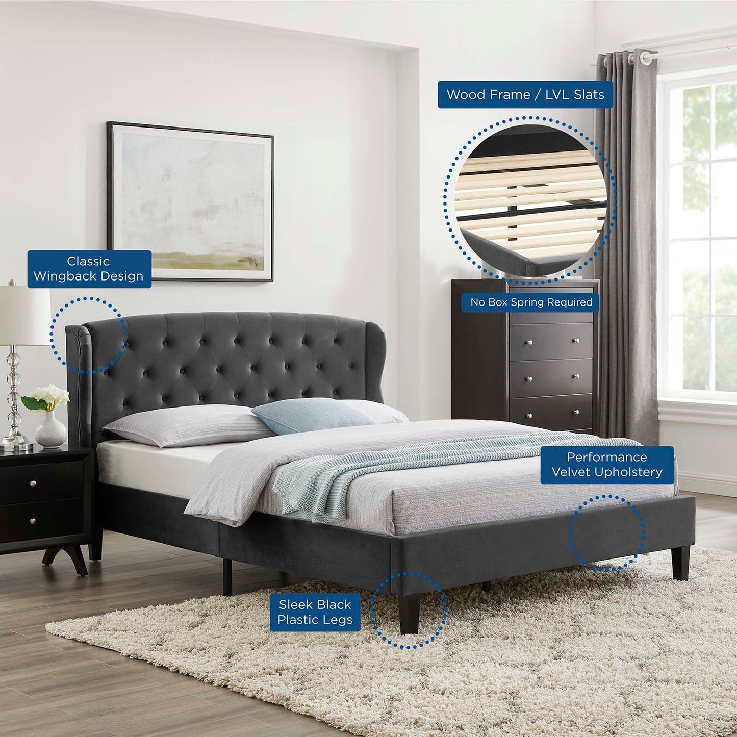 Penelope Tufted Wingback Queen Performance Velvet Platform Bed, Velvet, Dark Grey Gray, 21445