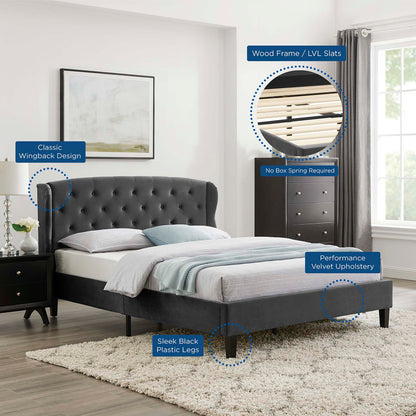 Penelope Tufted Wingback Queen Performance Velvet Platform Bed, Velvet, Dark Grey Gray, 21445