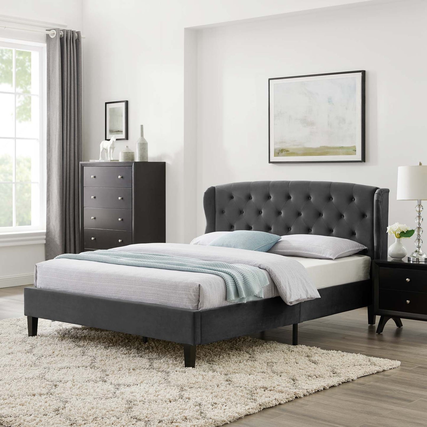 Penelope Tufted Wingback Queen Performance Velvet Platform Bed, Velvet, Dark Grey Gray, 21445