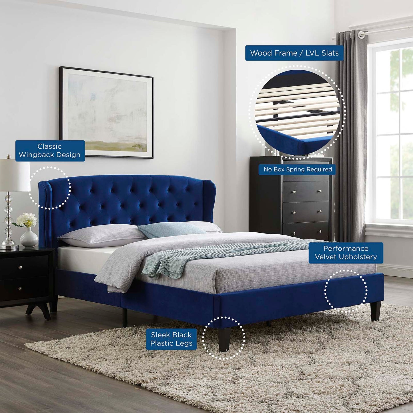 Penelope Tufted Wingback Queen Performance Velvet Platform Bed, Velvet, Blue Navy, 21446