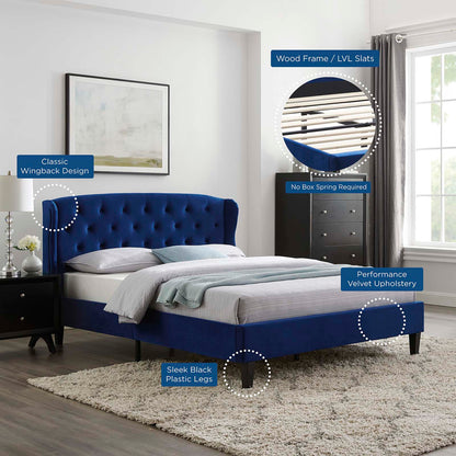 Penelope Tufted Wingback Queen Performance Velvet Platform Bed, Velvet, Blue Navy, 21446