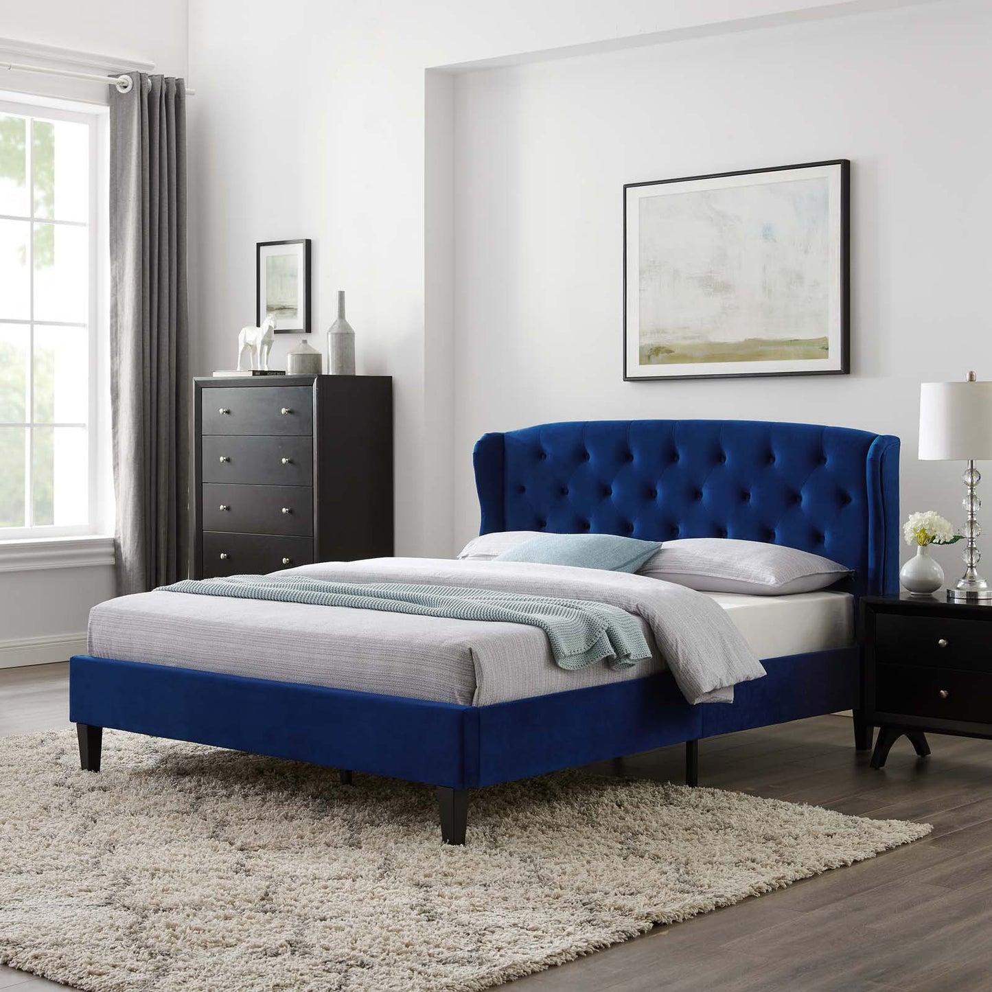 Penelope Tufted Wingback Queen Performance Velvet Platform Bed, Velvet, Blue Navy, 21446