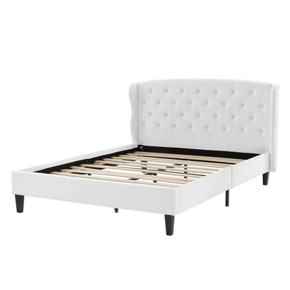 Penelope Tufted Wingback Queen Performance Velvet Platform Bed, Velvet, White, 21447