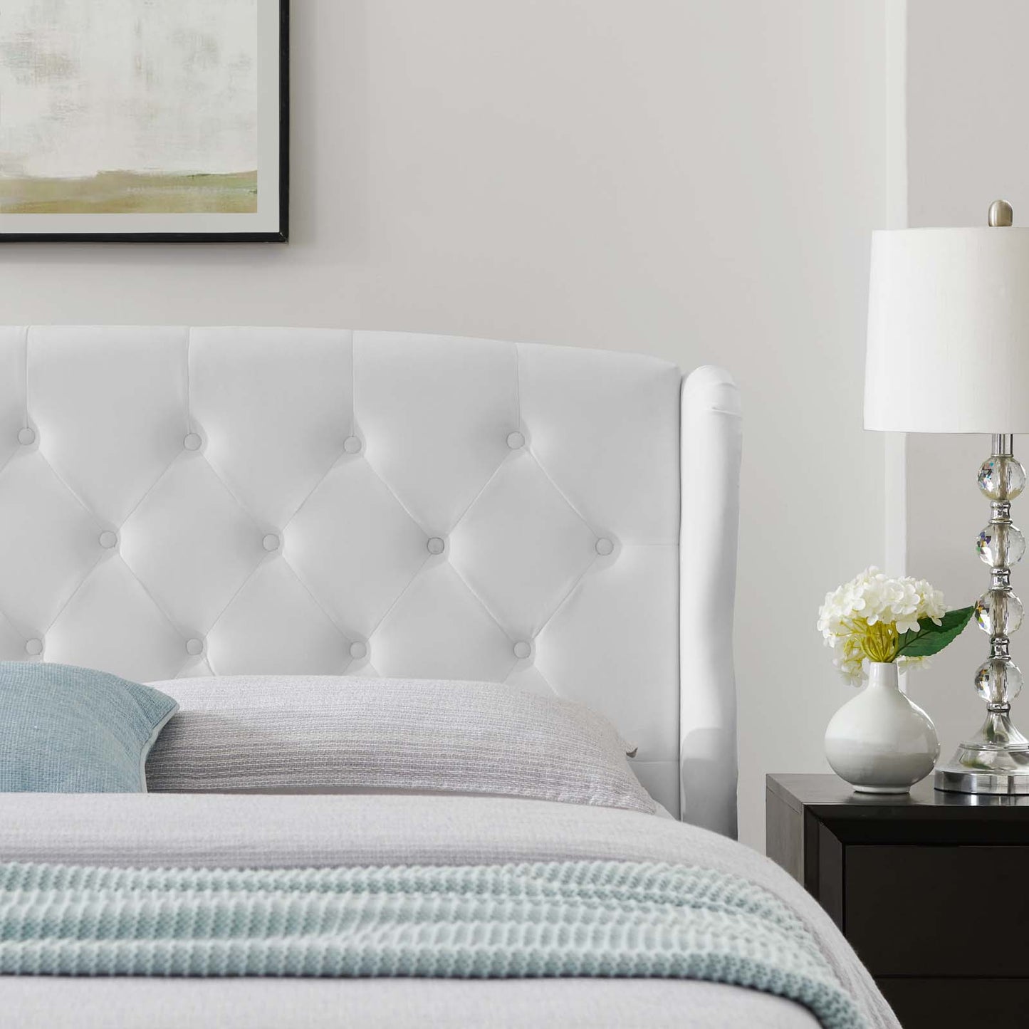 Penelope Tufted Wingback Queen Performance Velvet Platform Bed, Velvet, White, 21447