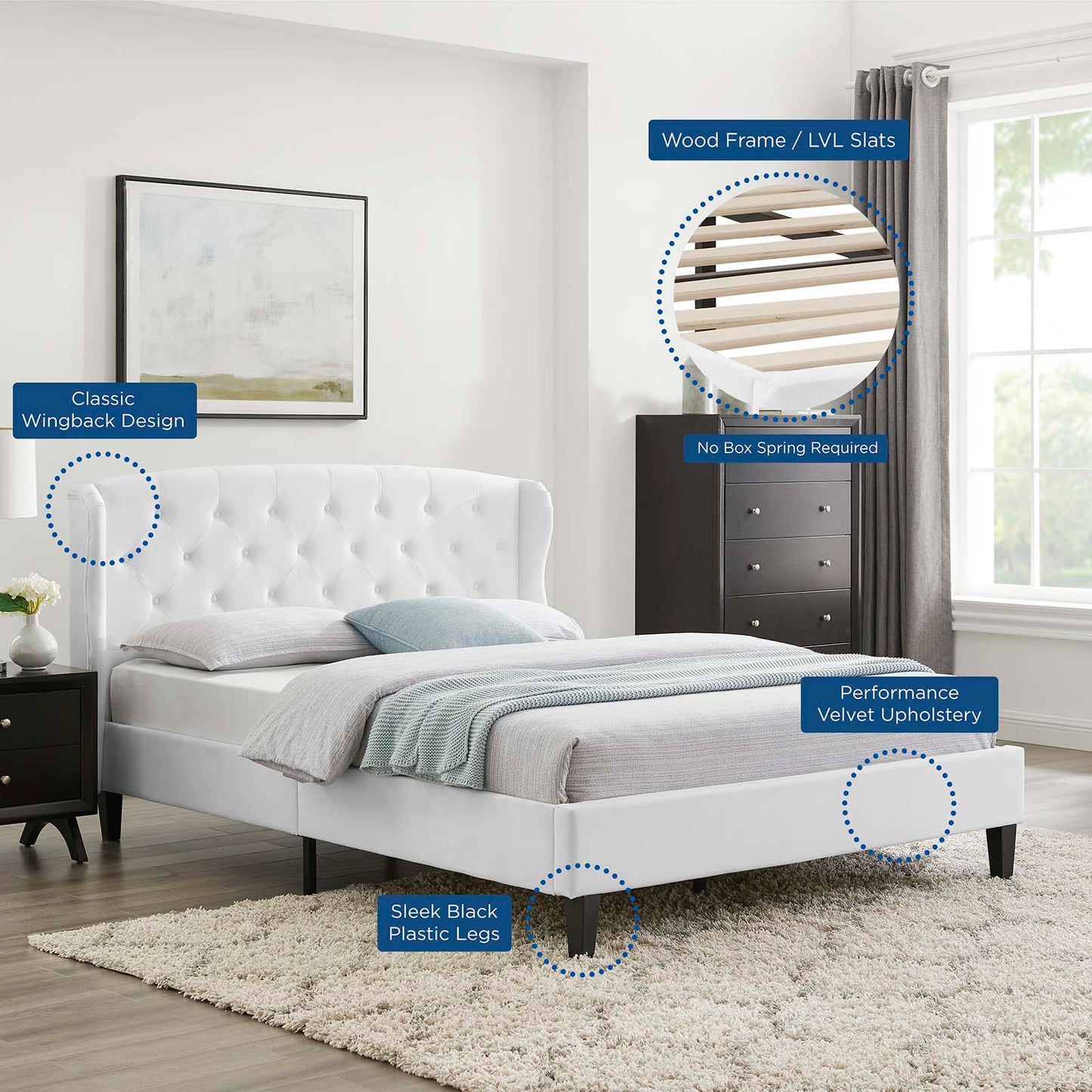 Penelope Tufted Wingback Queen Performance Velvet Platform Bed, Velvet, White, 21447