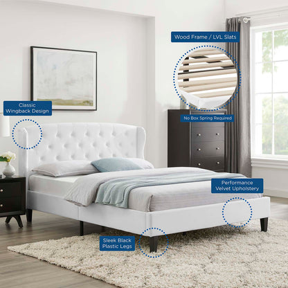 Penelope Tufted Wingback Queen Performance Velvet Platform Bed, Velvet, White, 21447