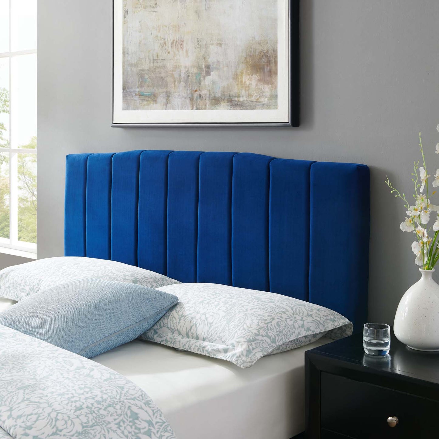 Camilla Channel Tufted Full/Queen Performance Velvet Headboard, Velvet, Blue Navy, 21456
