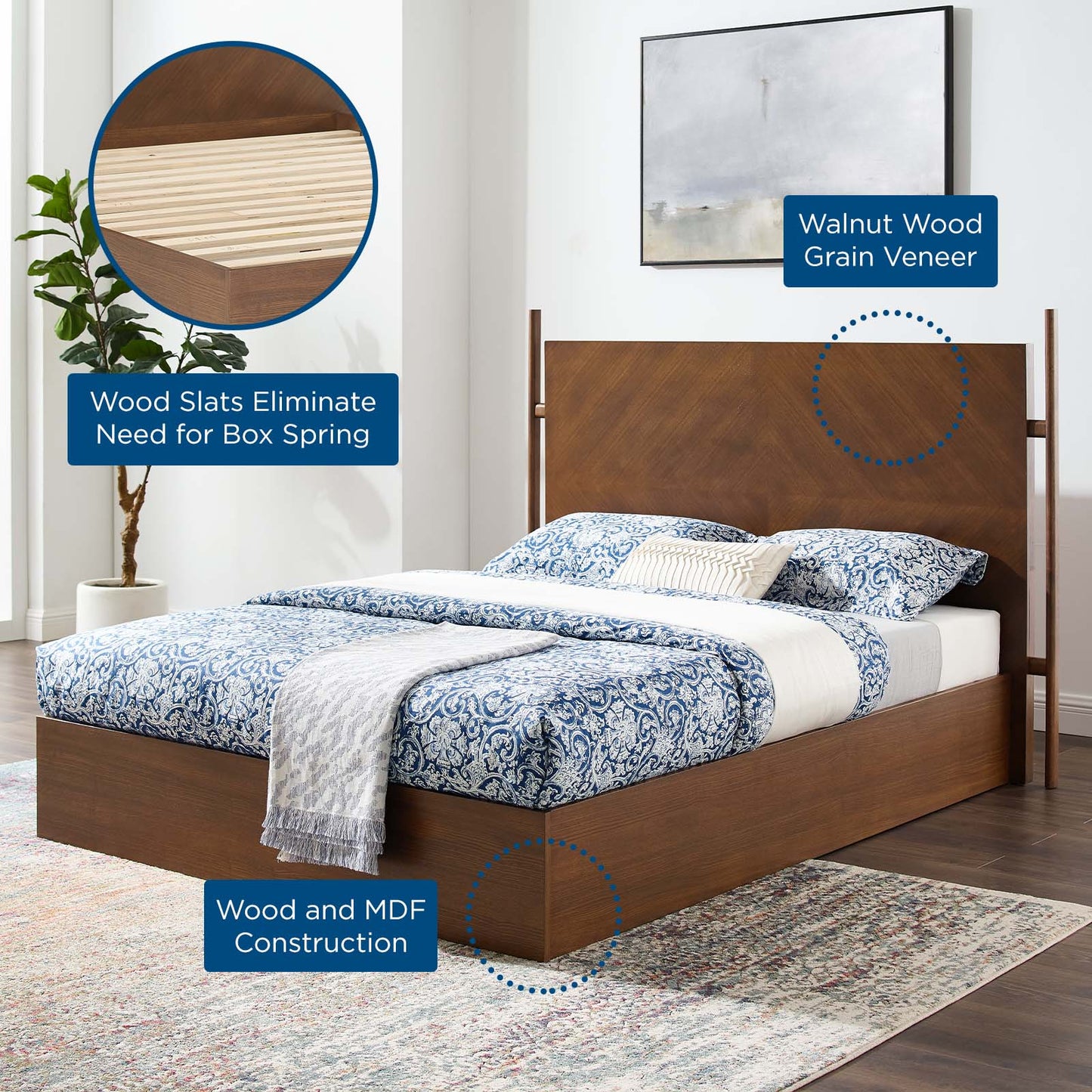 Kali Wood Queen Platform Bed, Wood, Brown Walnut, 21483