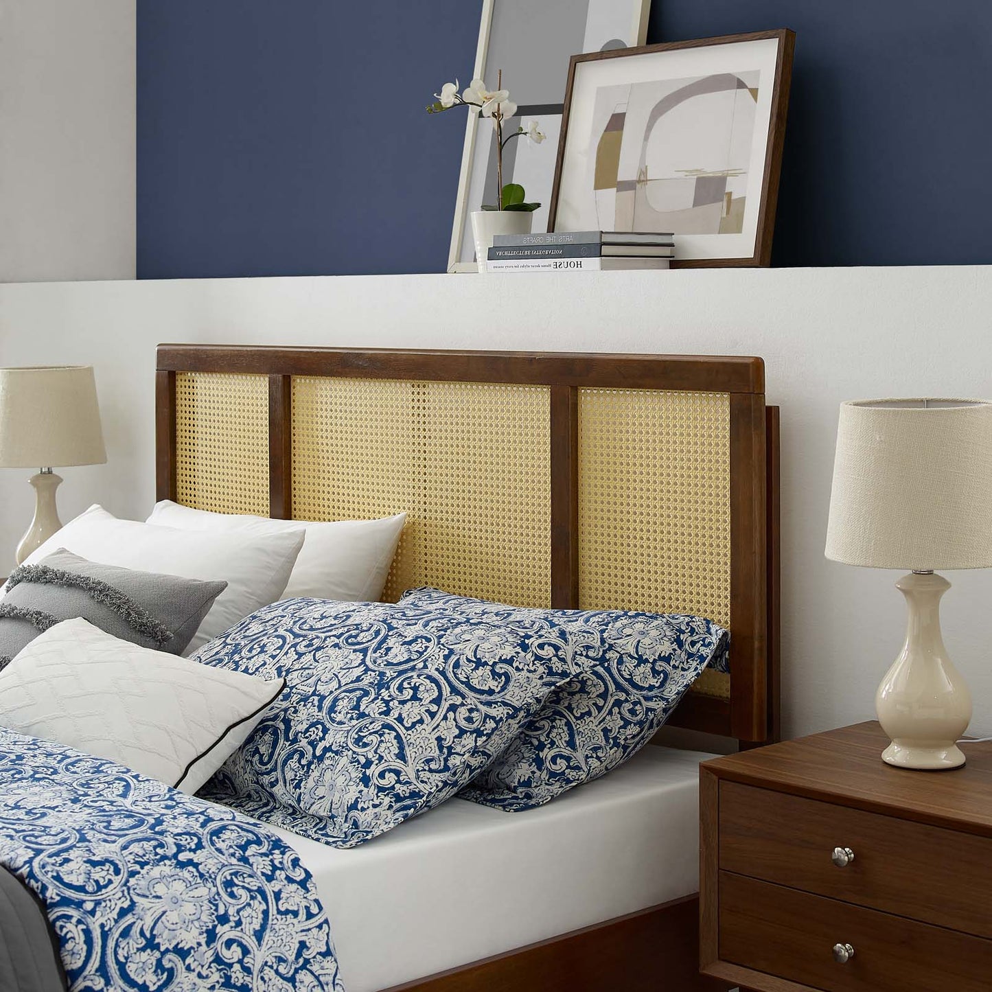Delmare Cane King Headboard, Wood, Brown Walnut, 21505