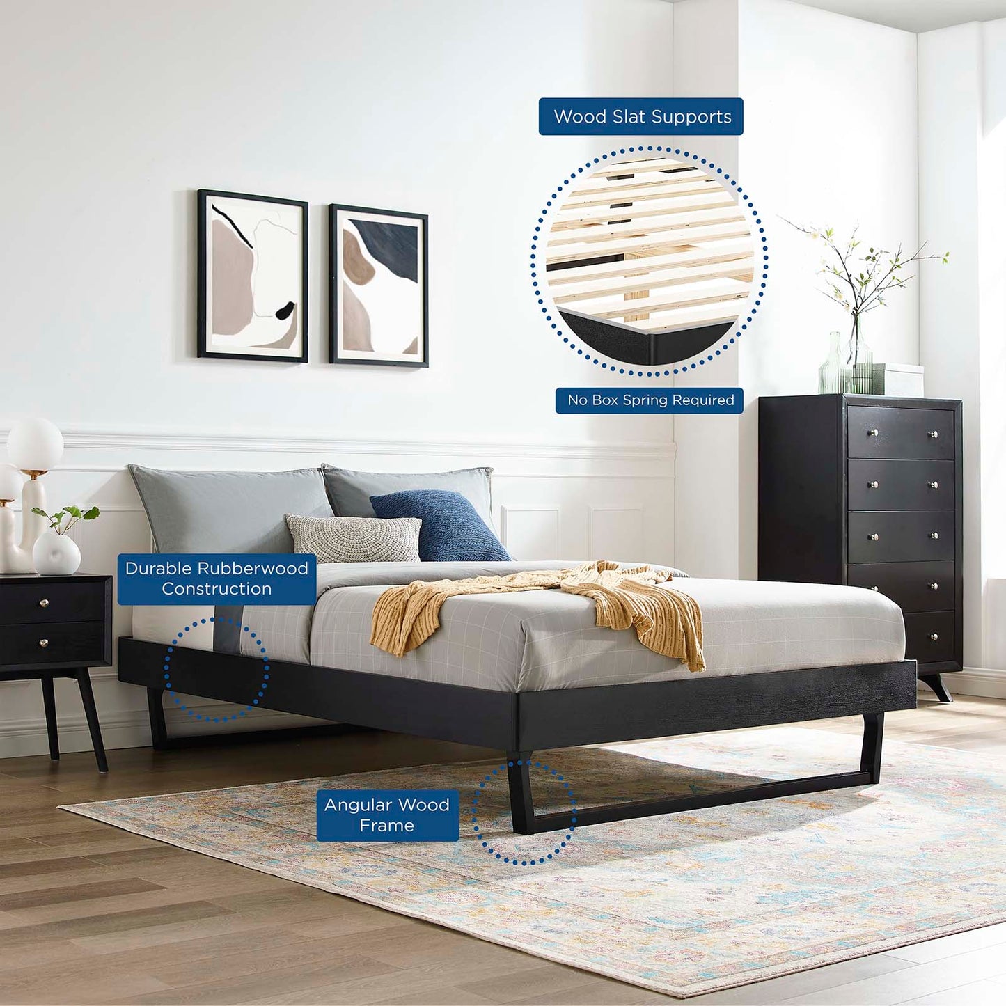 Billie Queen Wood Platform Bed Frame, Wood, Black, 21569
