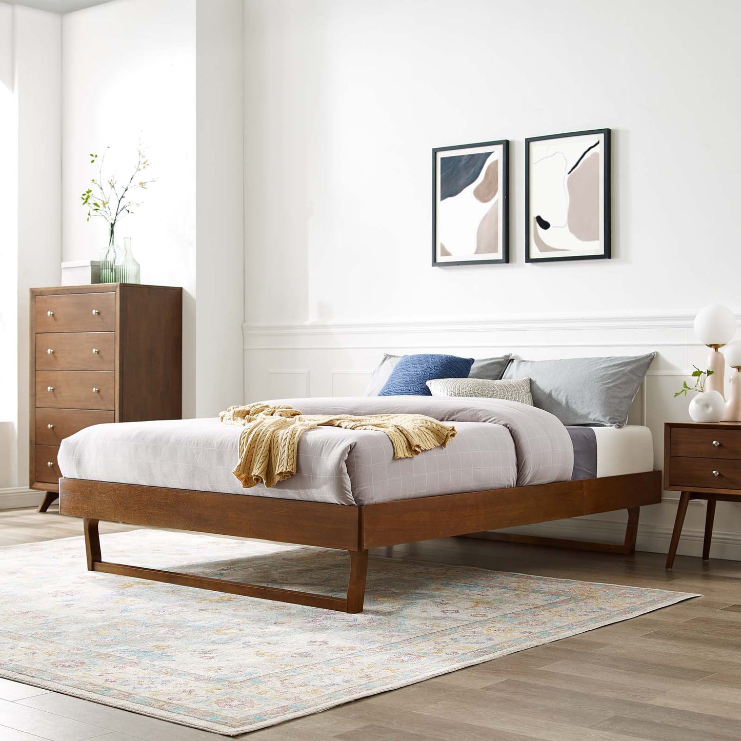 Billie Queen Wood Platform Bed Frame, Wood, Brown Walnut, 21571