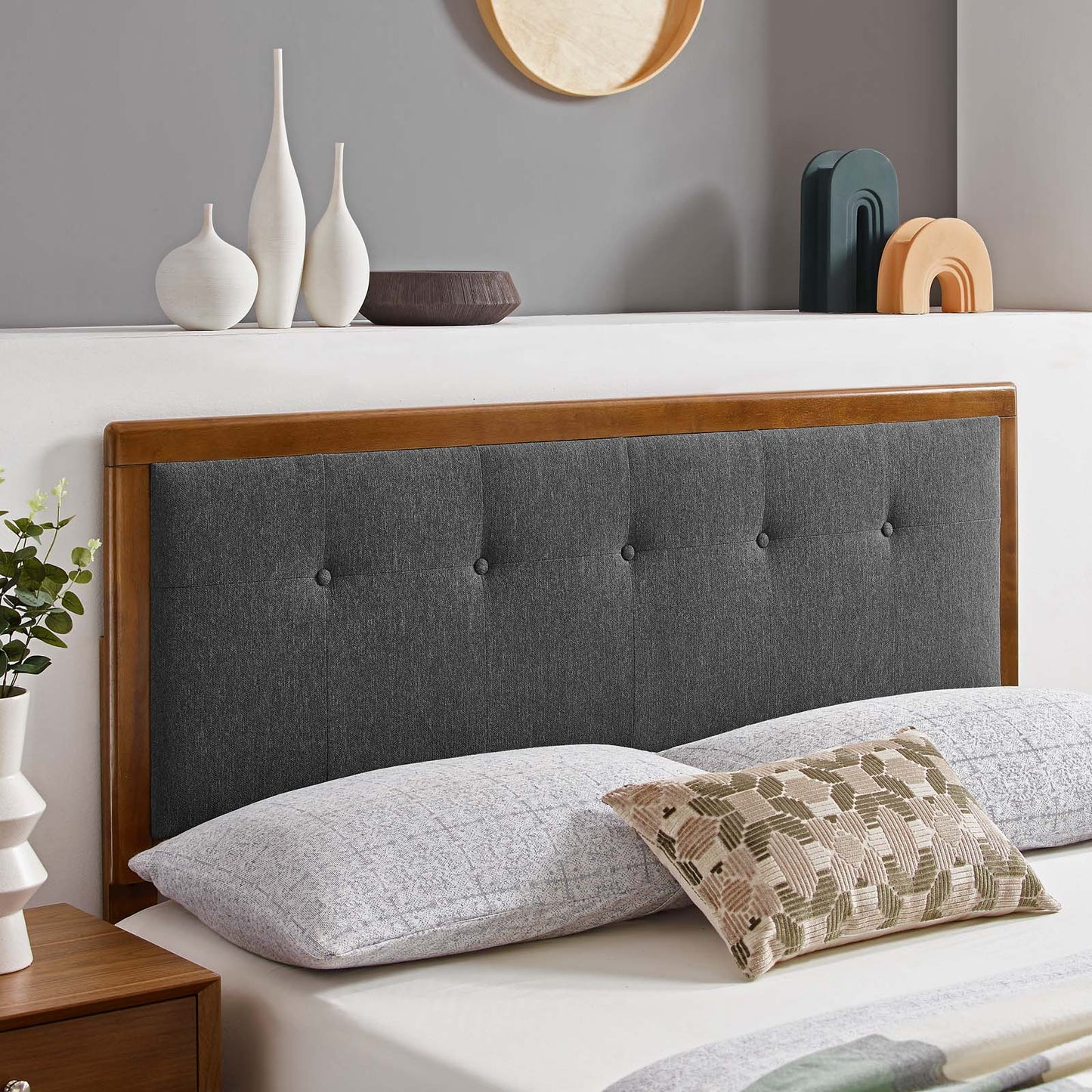 Draper Tufted Twin Fabric and Wood Headboard, Wood, Fabric, Brown Walnut Grey Gray, 21604