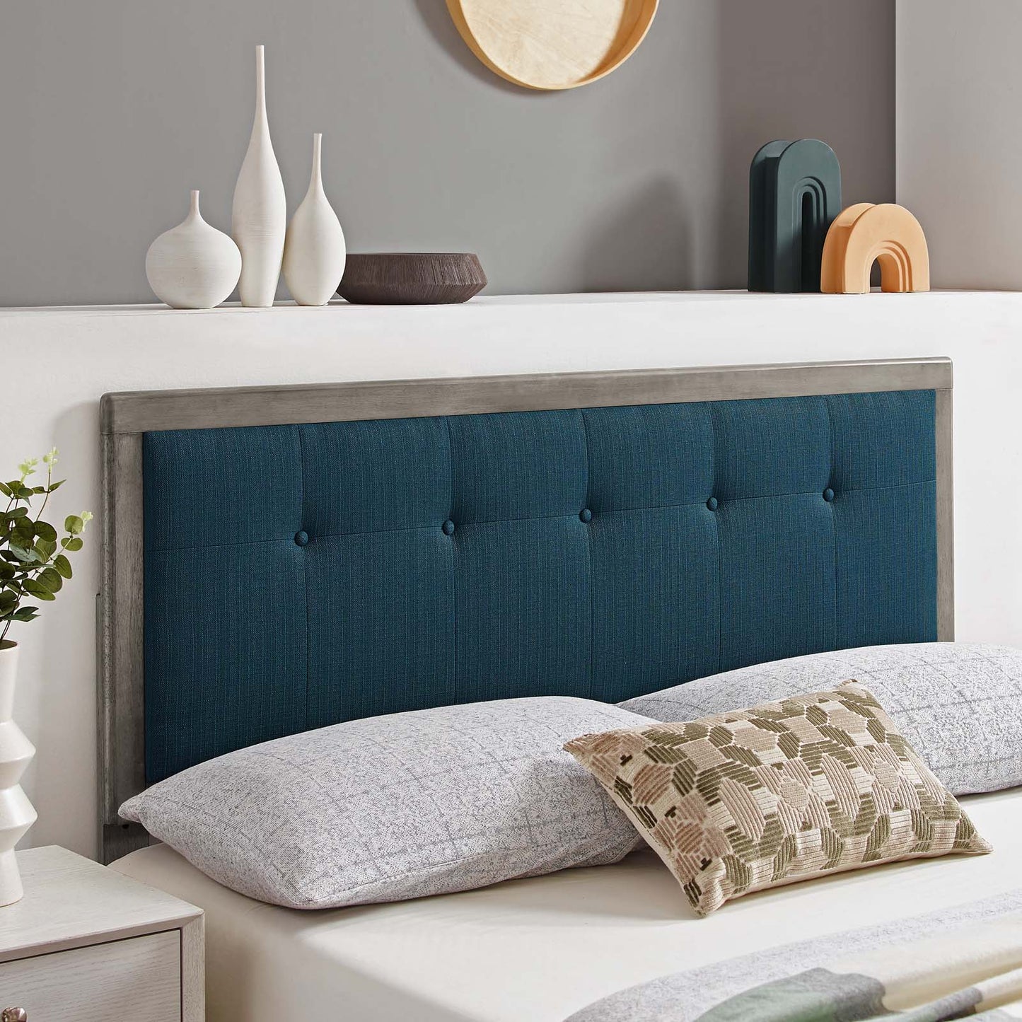 Draper Tufted King Fabric and Wood Headboard, Wood, Fabric, Grey Gray Navy Blue, 21619