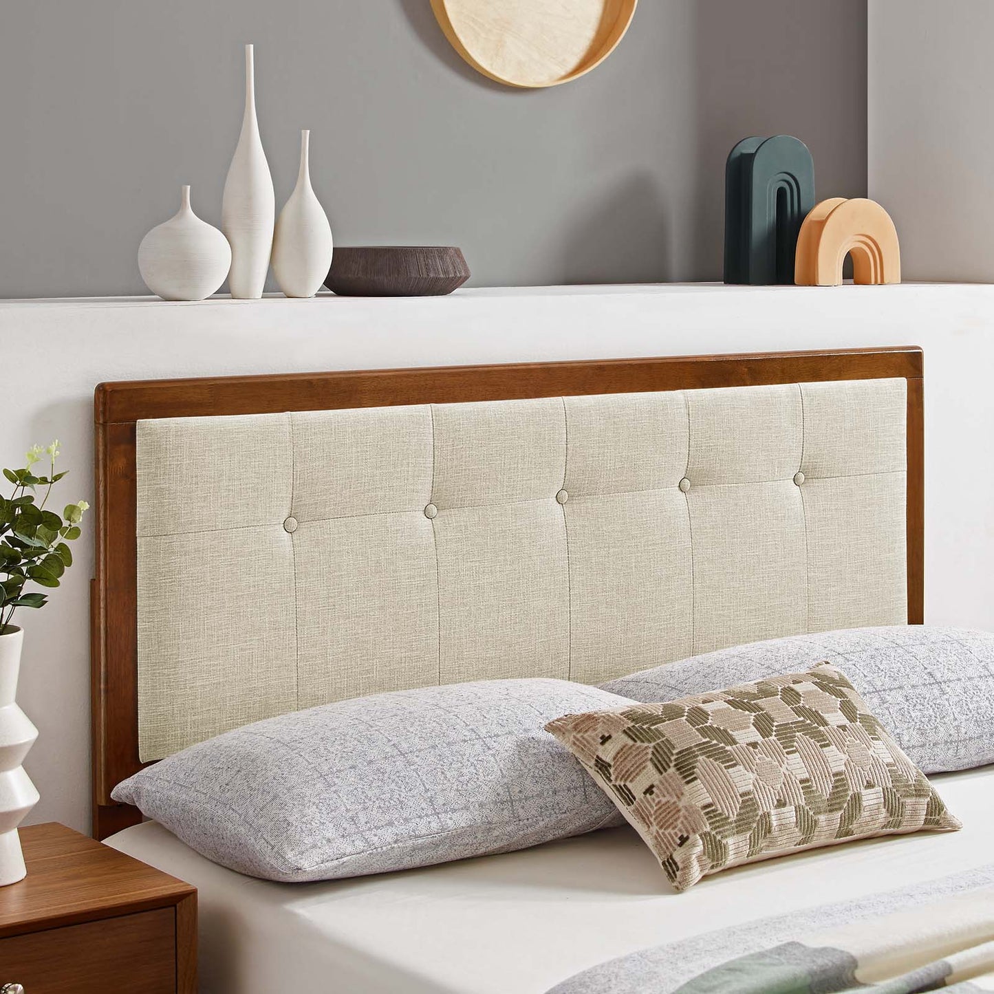 Draper Tufted King Fabric and Wood Headboard, Wood, Fabric, Brown Walnut Beige, 21621