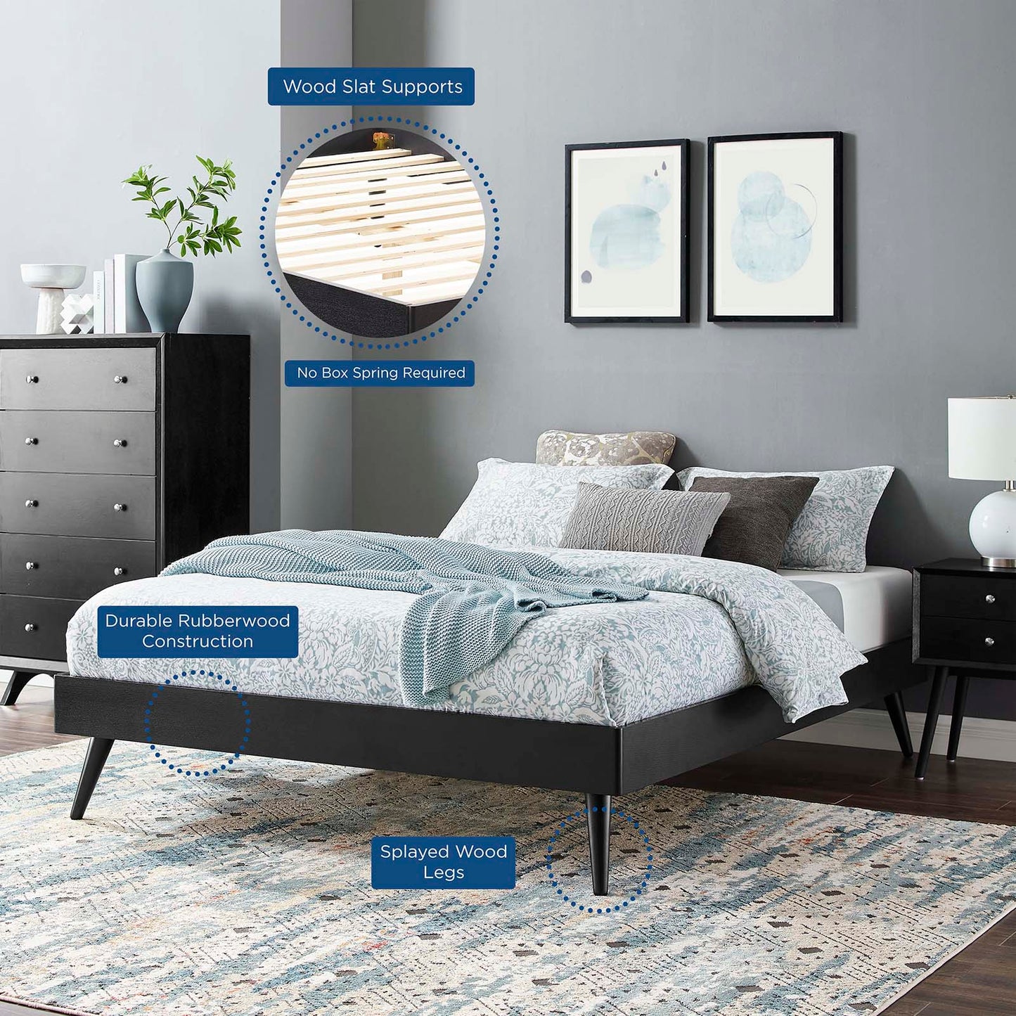 Margo Full Wood Platform Bed Frame, Wood, Black, 21626