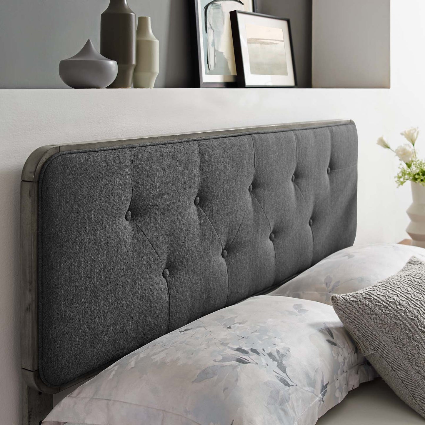Collins Tufted Twin Fabric and Wood Headboard, Wood, Fabric, Grey Gray, 21638