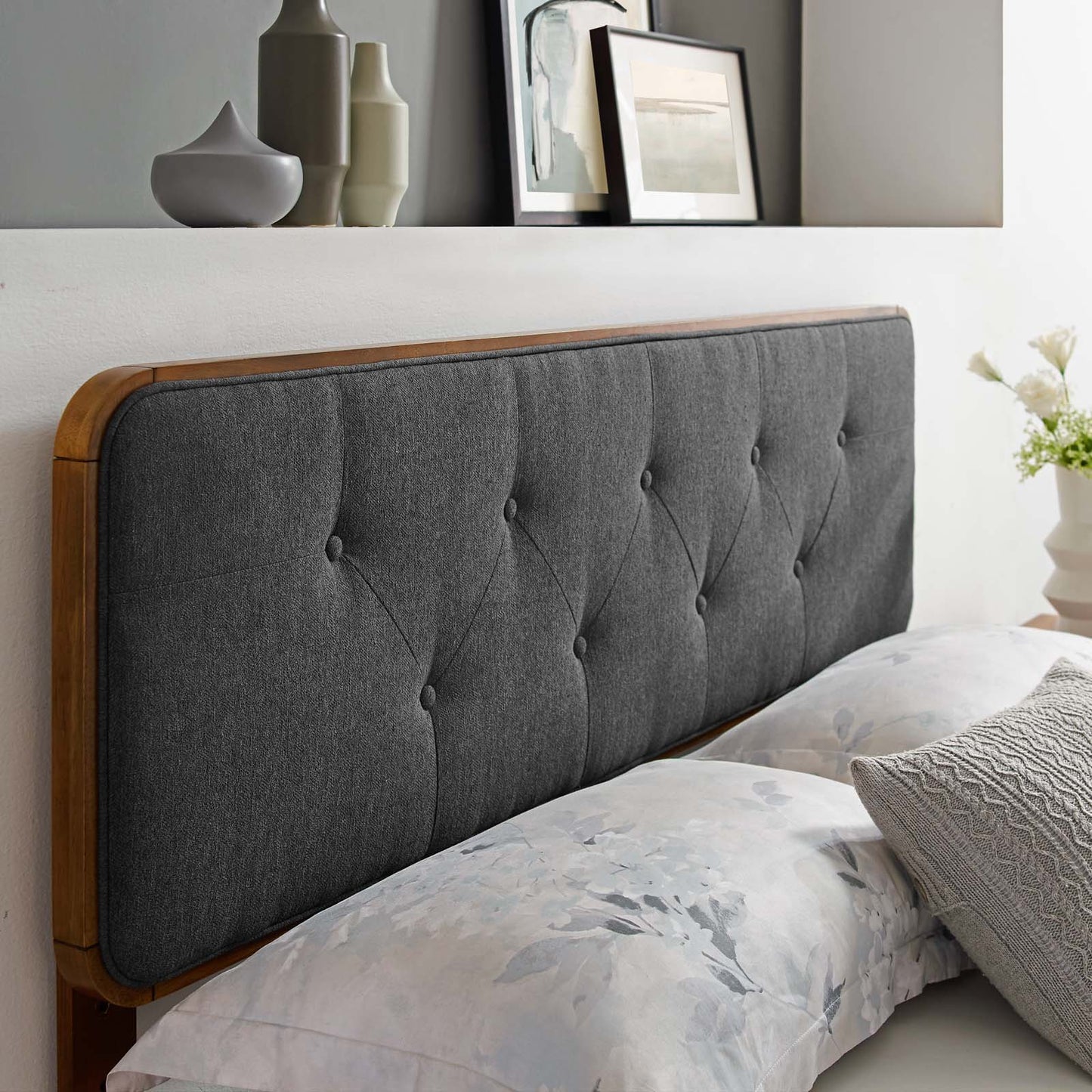 Collins Tufted Twin Fabric and Wood Headboard, Wood, Fabric, Brown Walnut Grey Gray, 21640