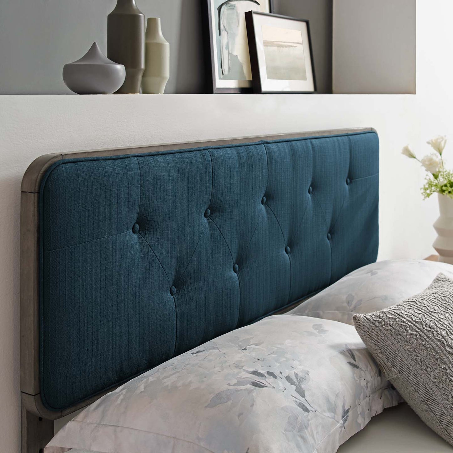 Collins Tufted Full Fabric and Wood Headboard, Wood, Fabric, Grey Gray Navy Blue, 21643