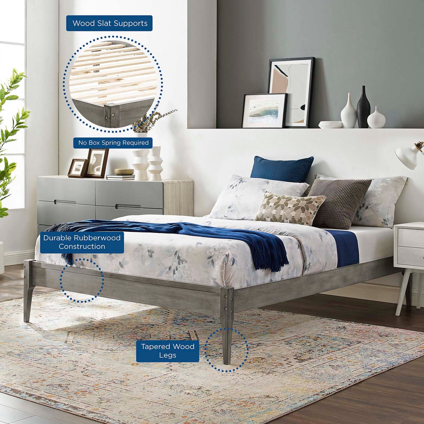 June Twin Wood Platform Bed Frame, Wood, Grey Gray, 21668