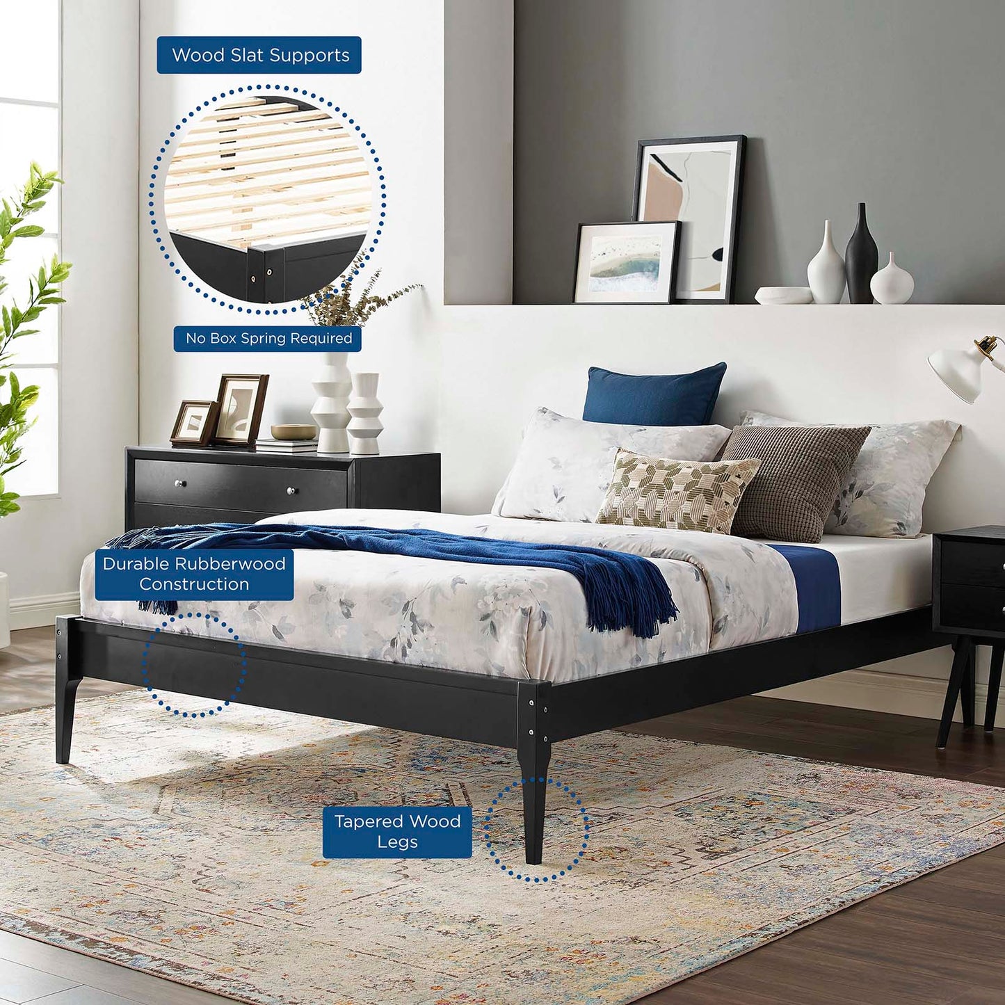 June Full Wood Platform Bed Frame, Wood, Black, 21670