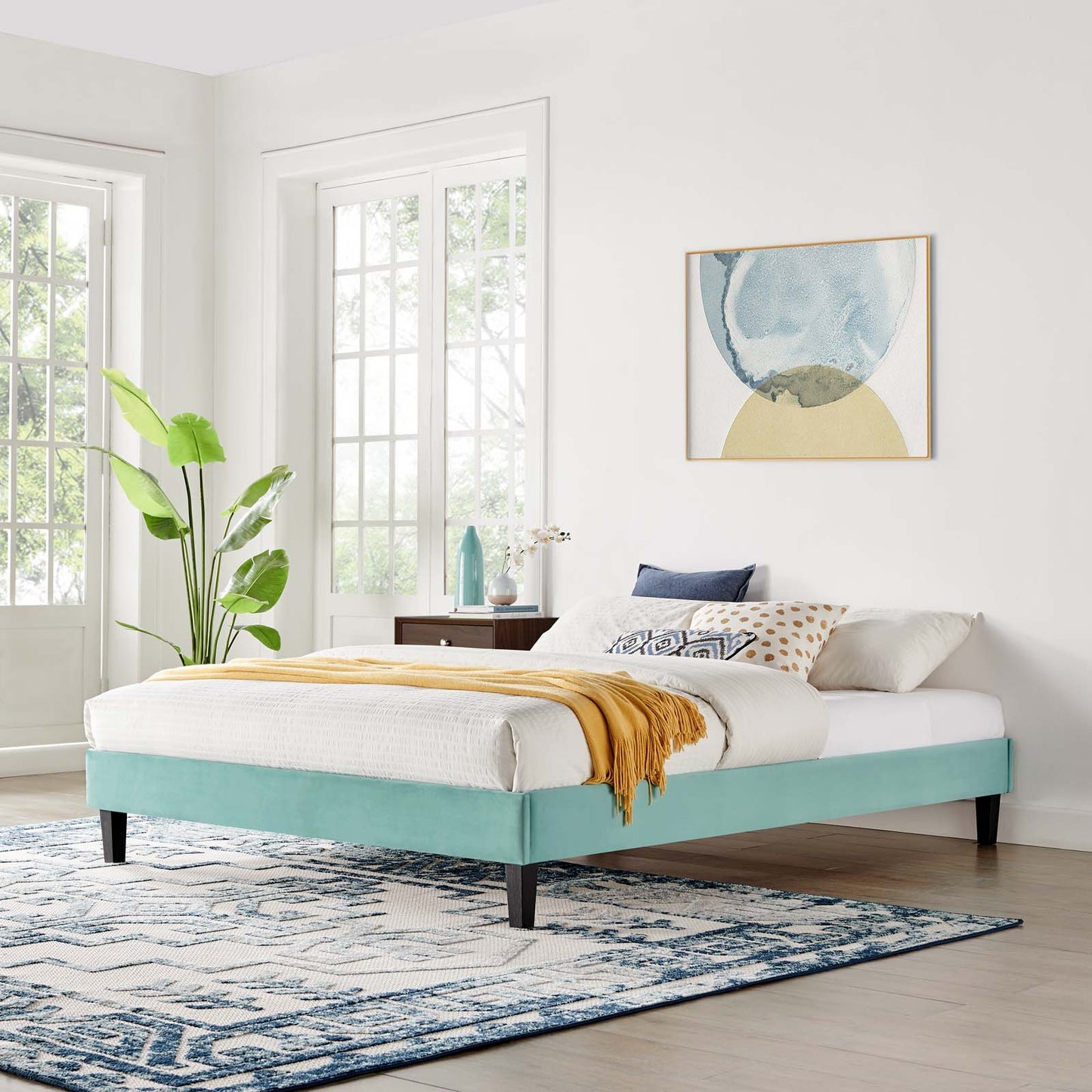 Reign Twin Performance Velvet Platform Bed Frame, Velvet, Blue, 21698