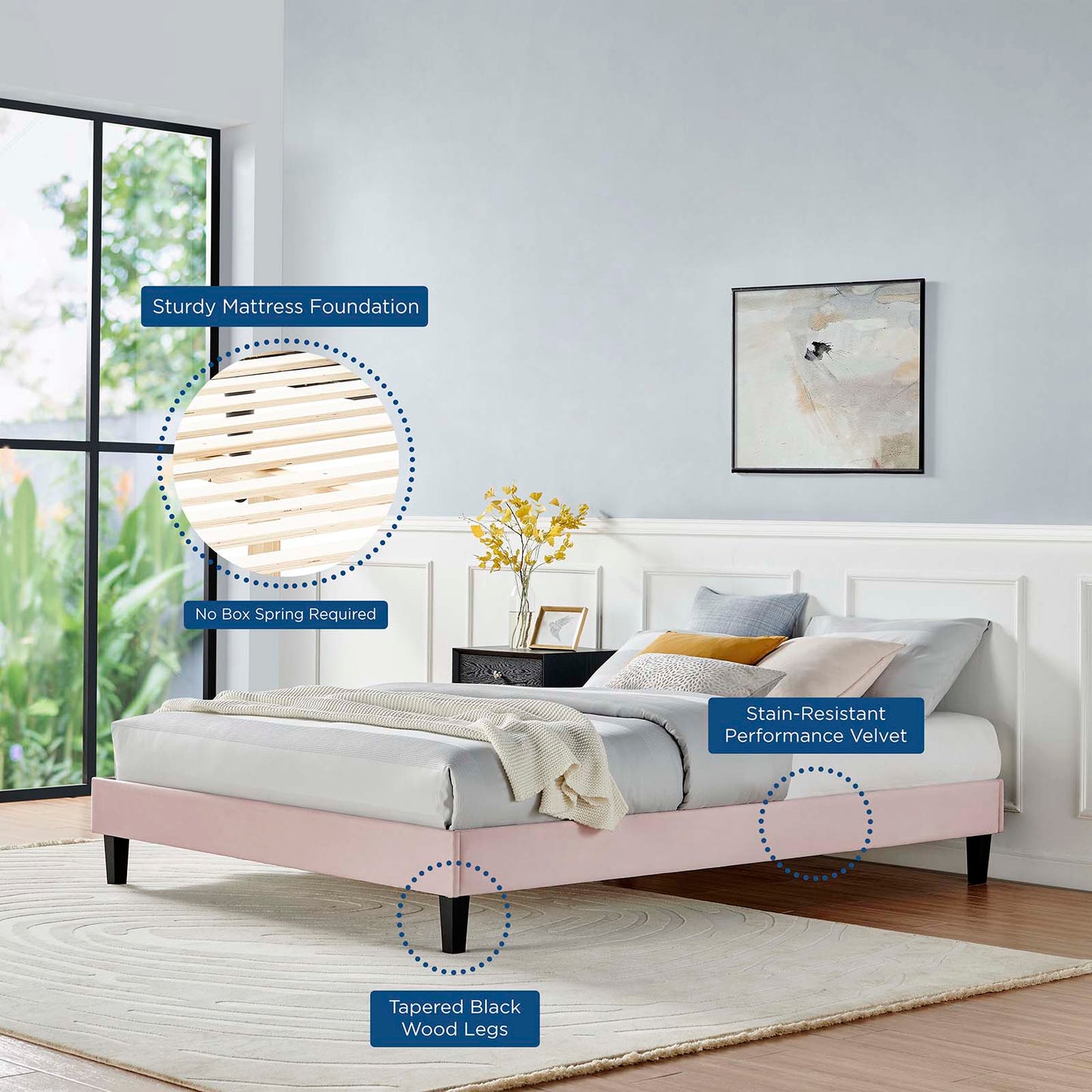 Reign Twin Performance Velvet Platform Bed Frame, Velvet, Pink, 21700