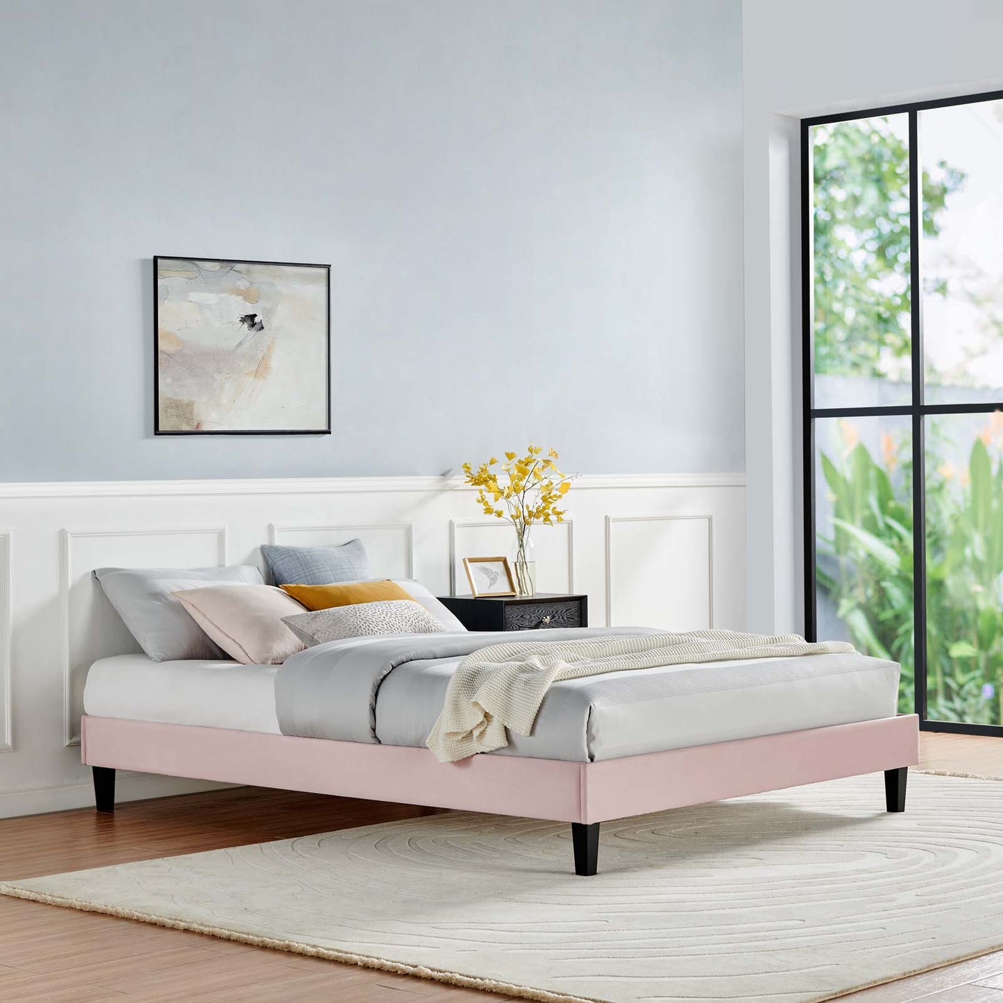 Reign Twin Performance Velvet Platform Bed Frame, Velvet, Pink, 21700