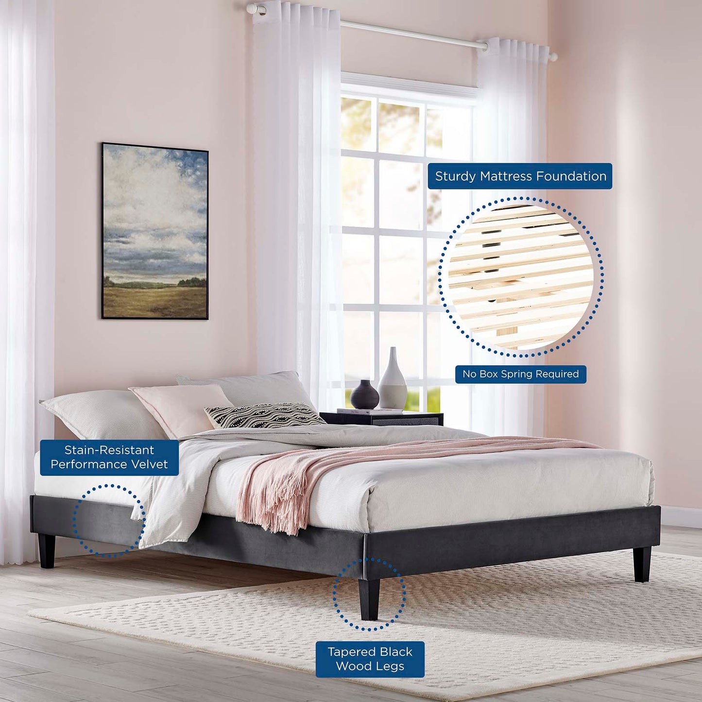 Reign Queen Performance Velvet Platform Bed Frame, Velvet, Dark Grey Gray, 21711