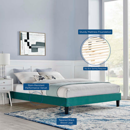 Reign Queen Performance Velvet Platform Bed Frame, Velvet, Teal Blue, 21717