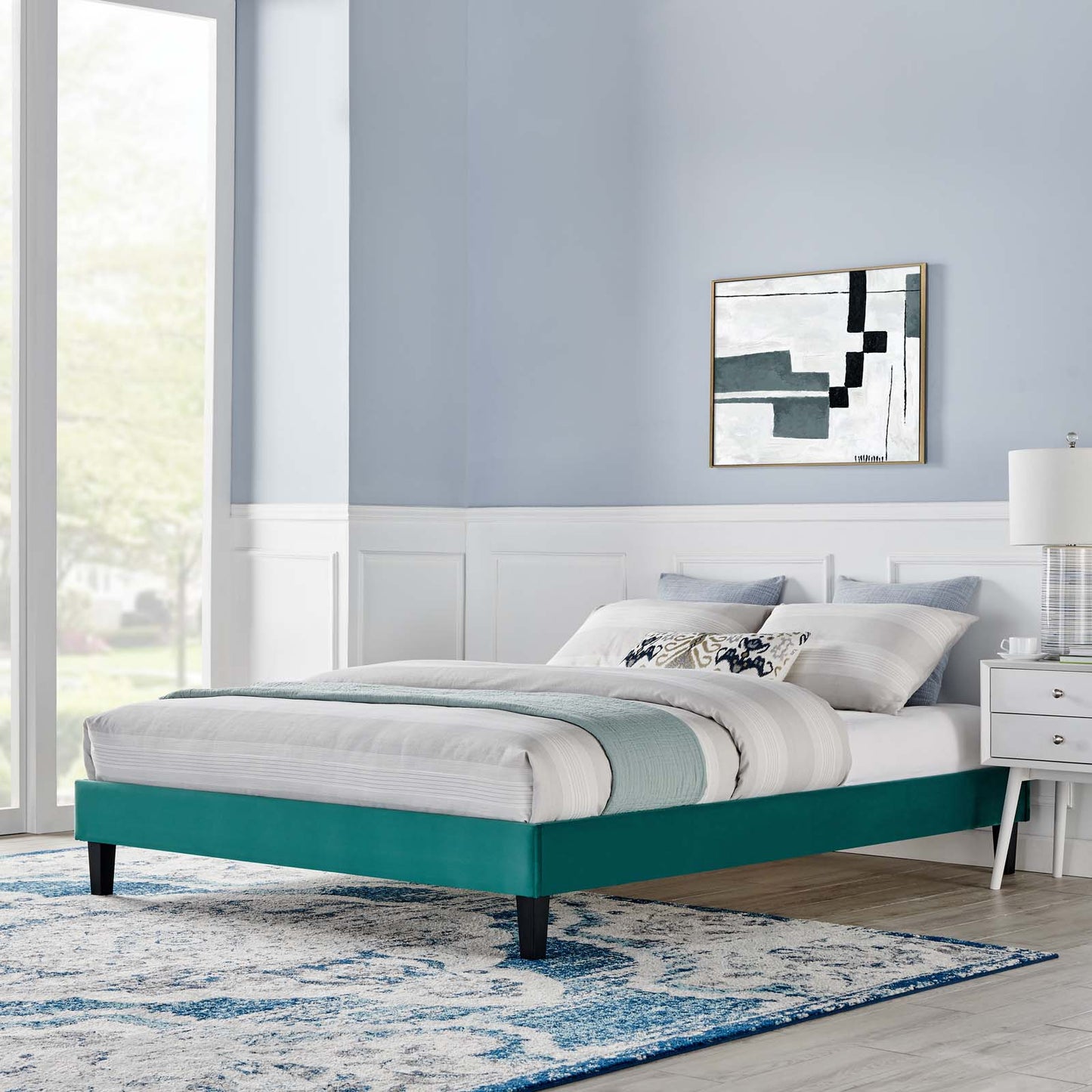 Reign Queen Performance Velvet Platform Bed Frame, Velvet, Teal Blue, 21717
