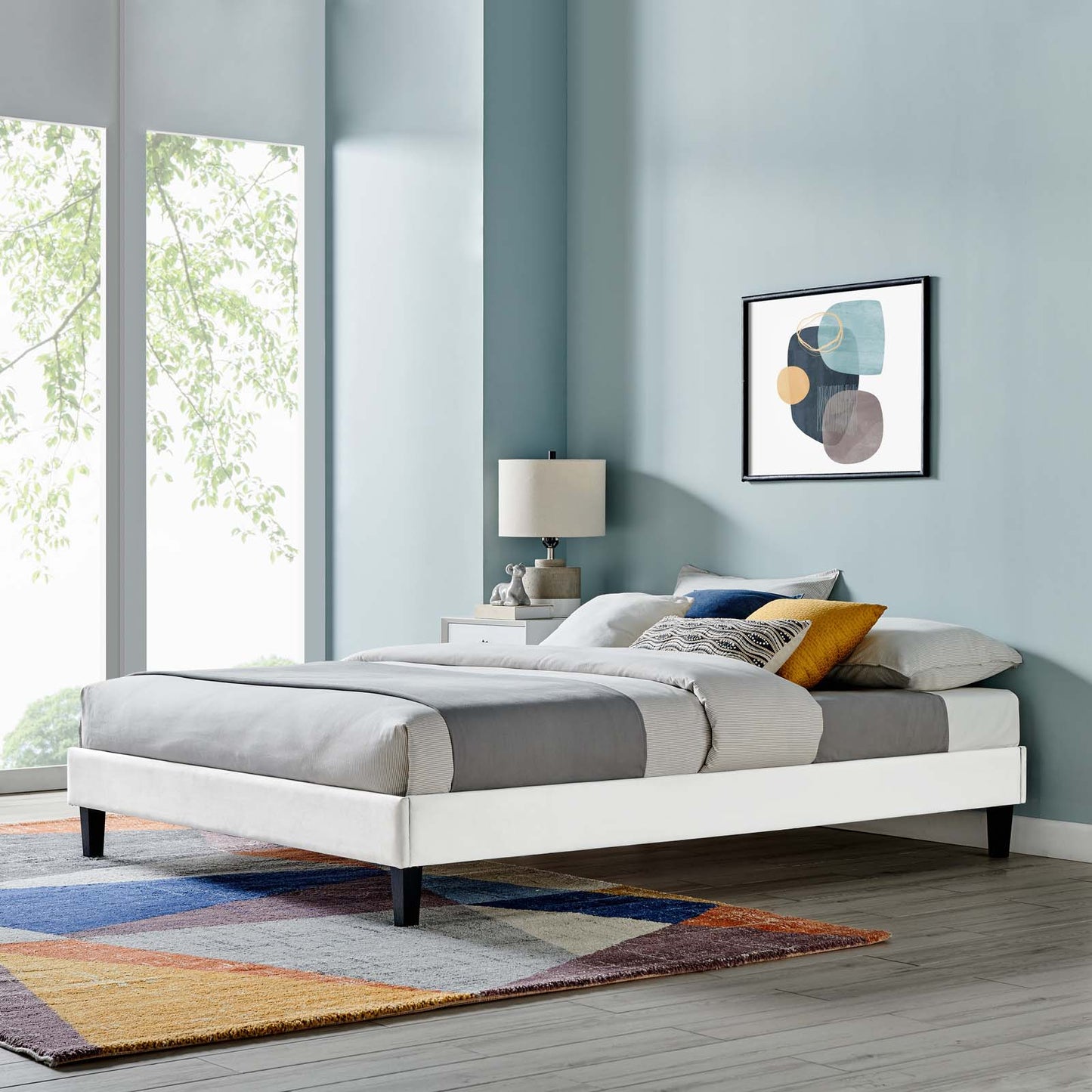 Reign Queen Performance Velvet Platform Bed Frame, Velvet, White, 21718