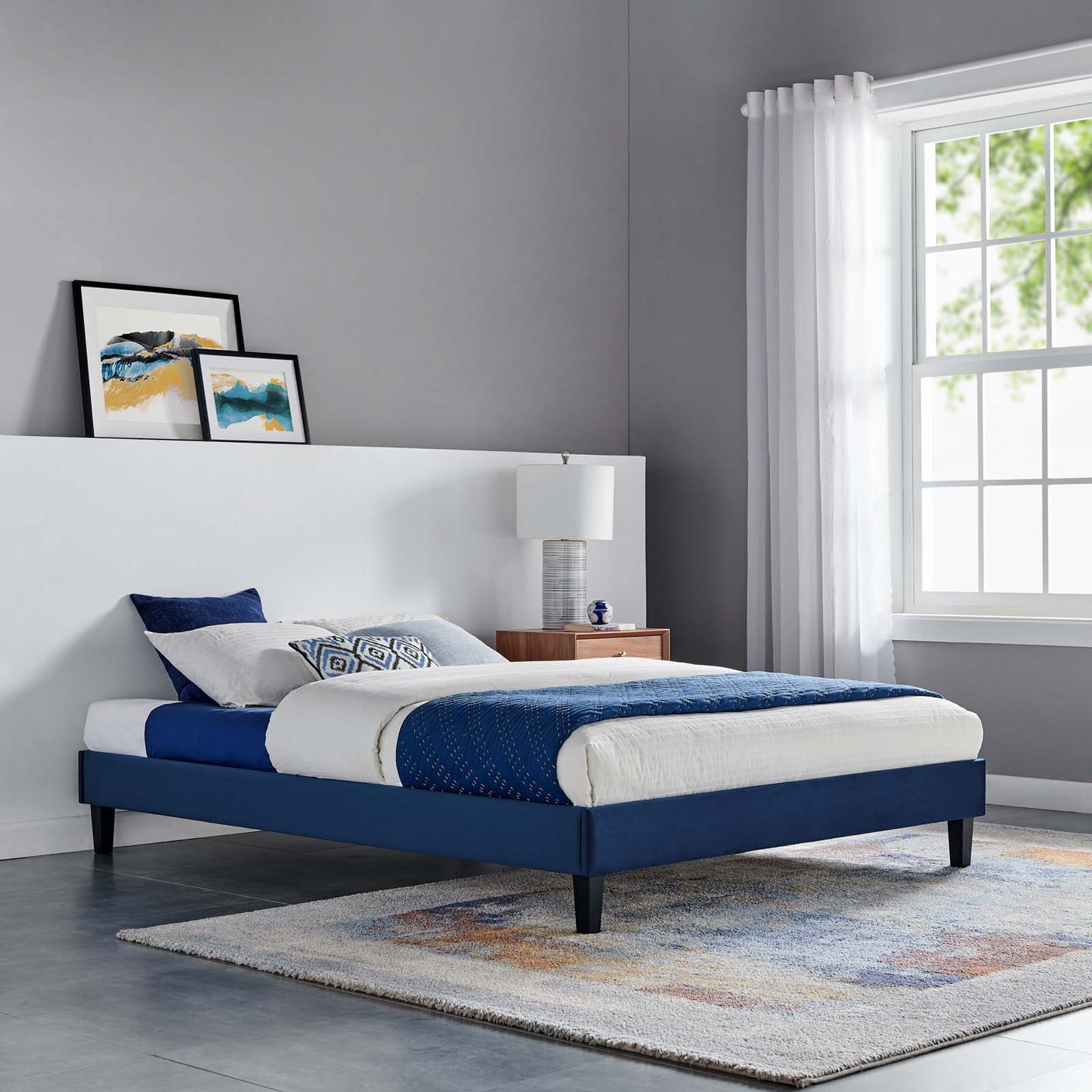 Reign King Performance Velvet Platform Bed Frame, Velvet, Blue Navy, 21723