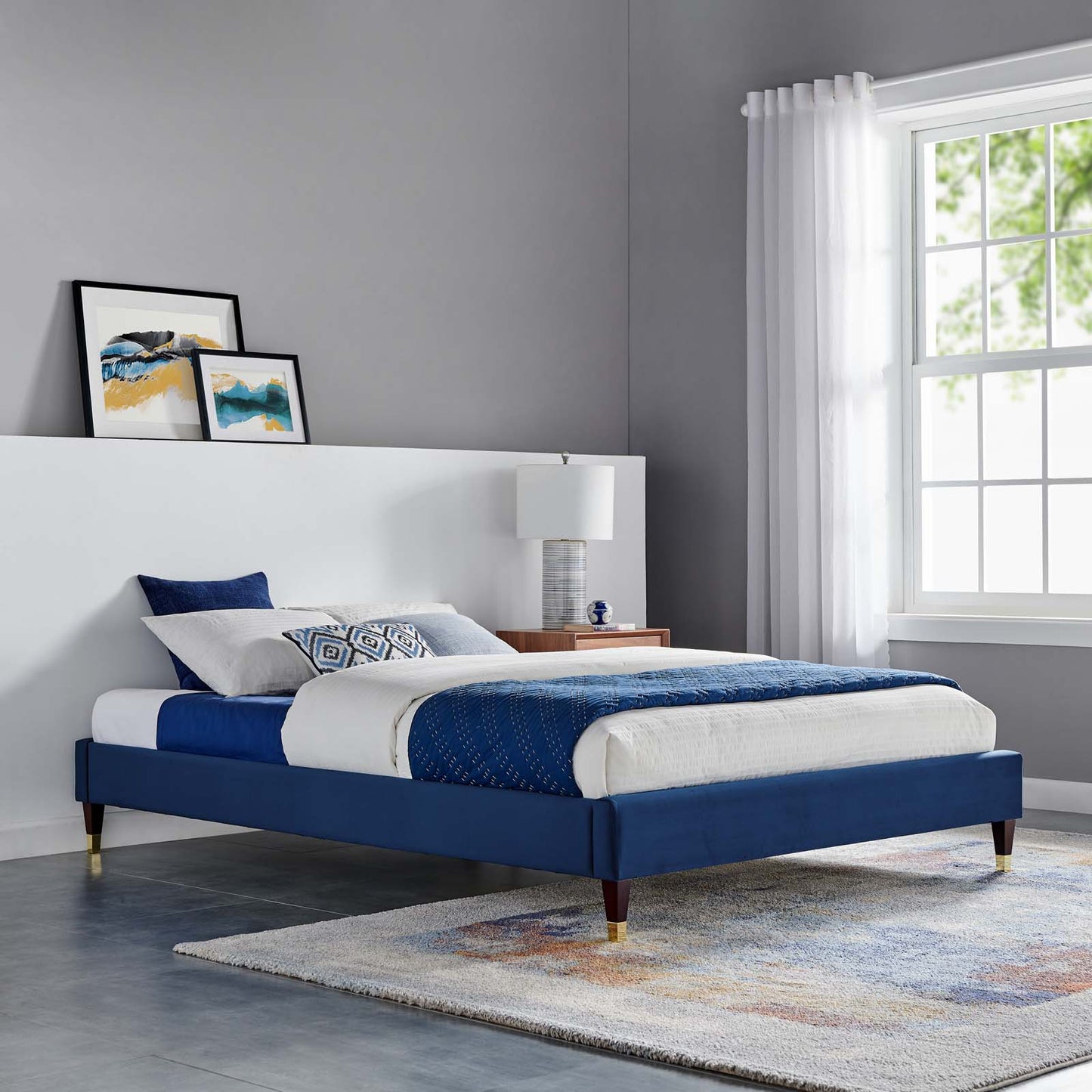 Harlow Twin Performance Velvet Platform Bed Frame, Velvet, Blue Navy, 21731
