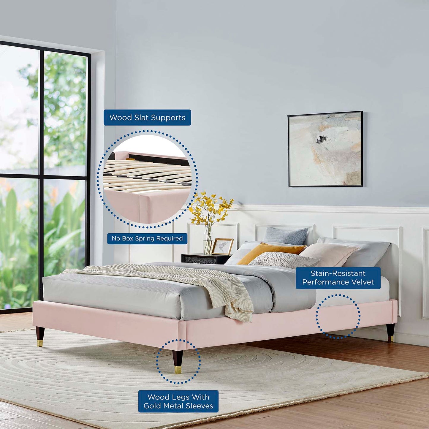 Harlow Full Performance Velvet Platform Bed Frame, Velvet, Pink, 21740