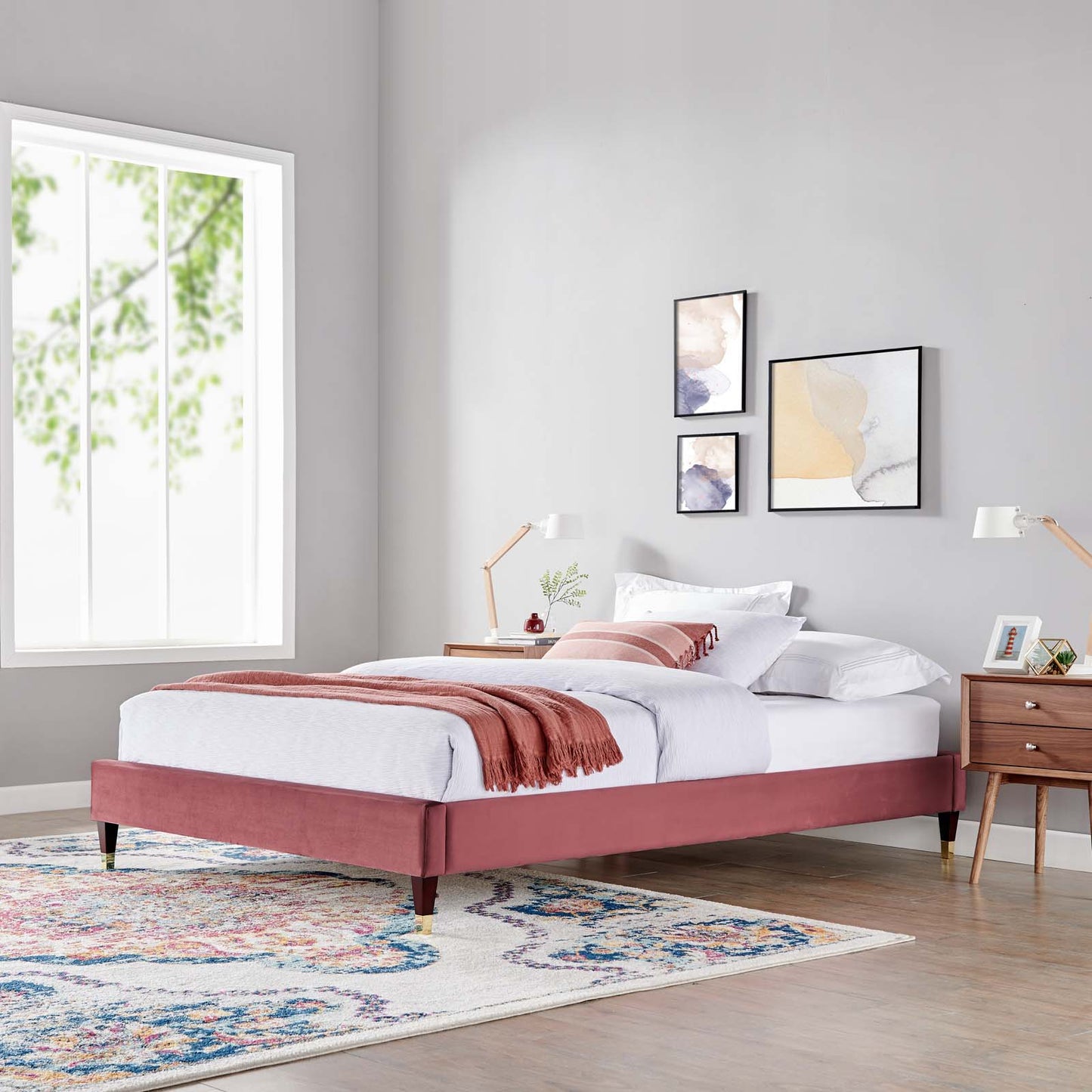 Harlow Queen Performance Velvet Platform Bed Frame, Velvet, Pink, 21744