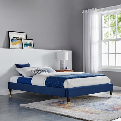 Harlow Queen Performance Velvet Platform Bed Frame, Velvet, Blue Navy, 21747