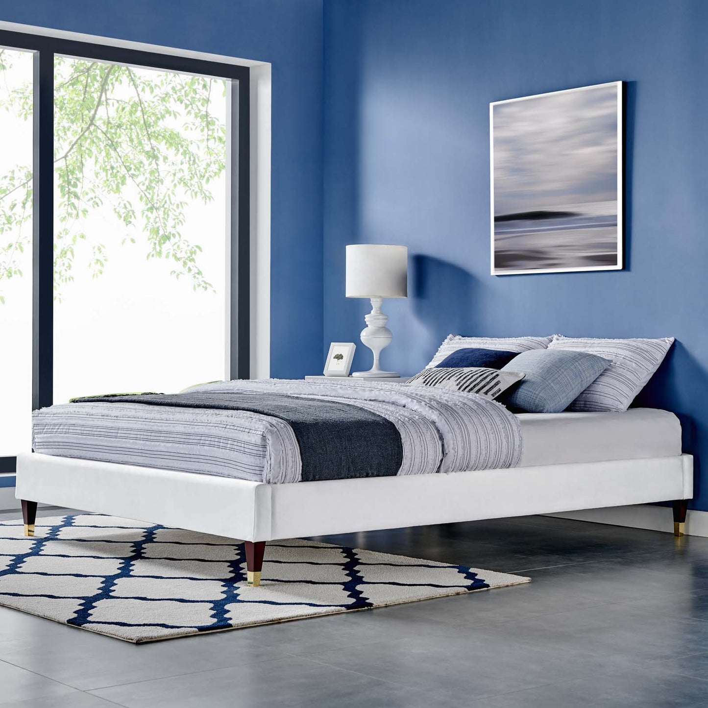 Harlow Queen Performance Velvet Platform Bed Frame, Velvet, White, 21750