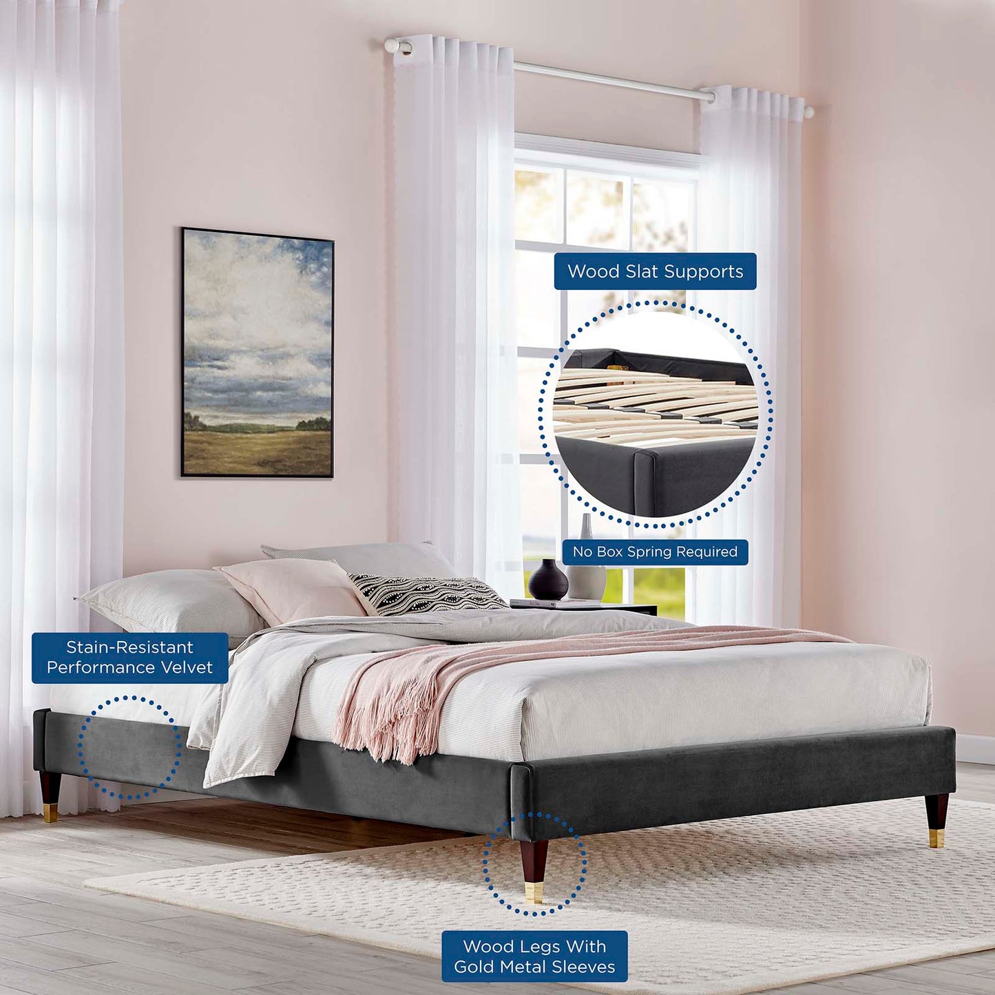 Harlow King Performance Velvet Platform Bed Frame, Velvet, Dark Grey Gray, 21751