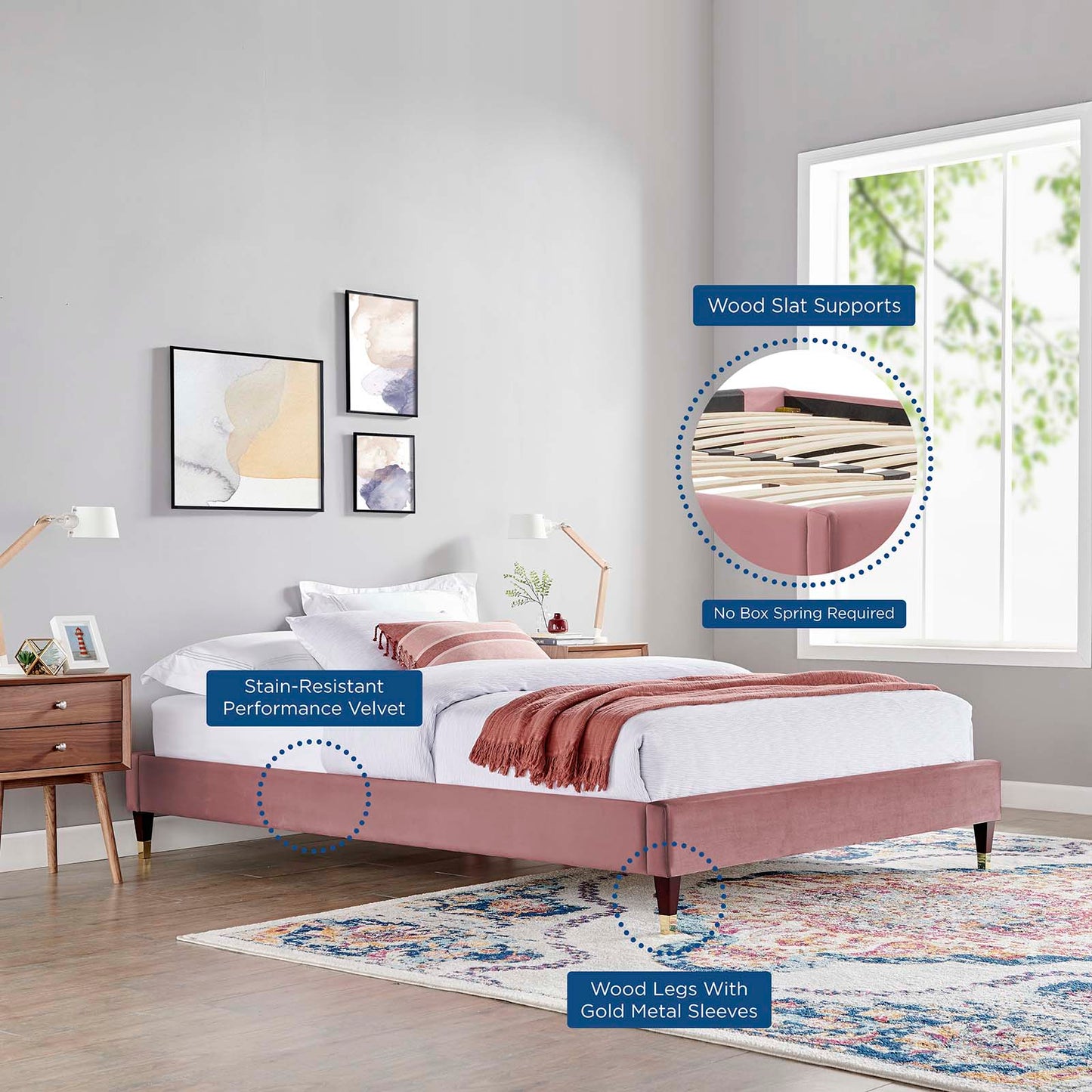 Harlow King Performance Velvet Platform Bed Frame, Velvet, Pink, 21752